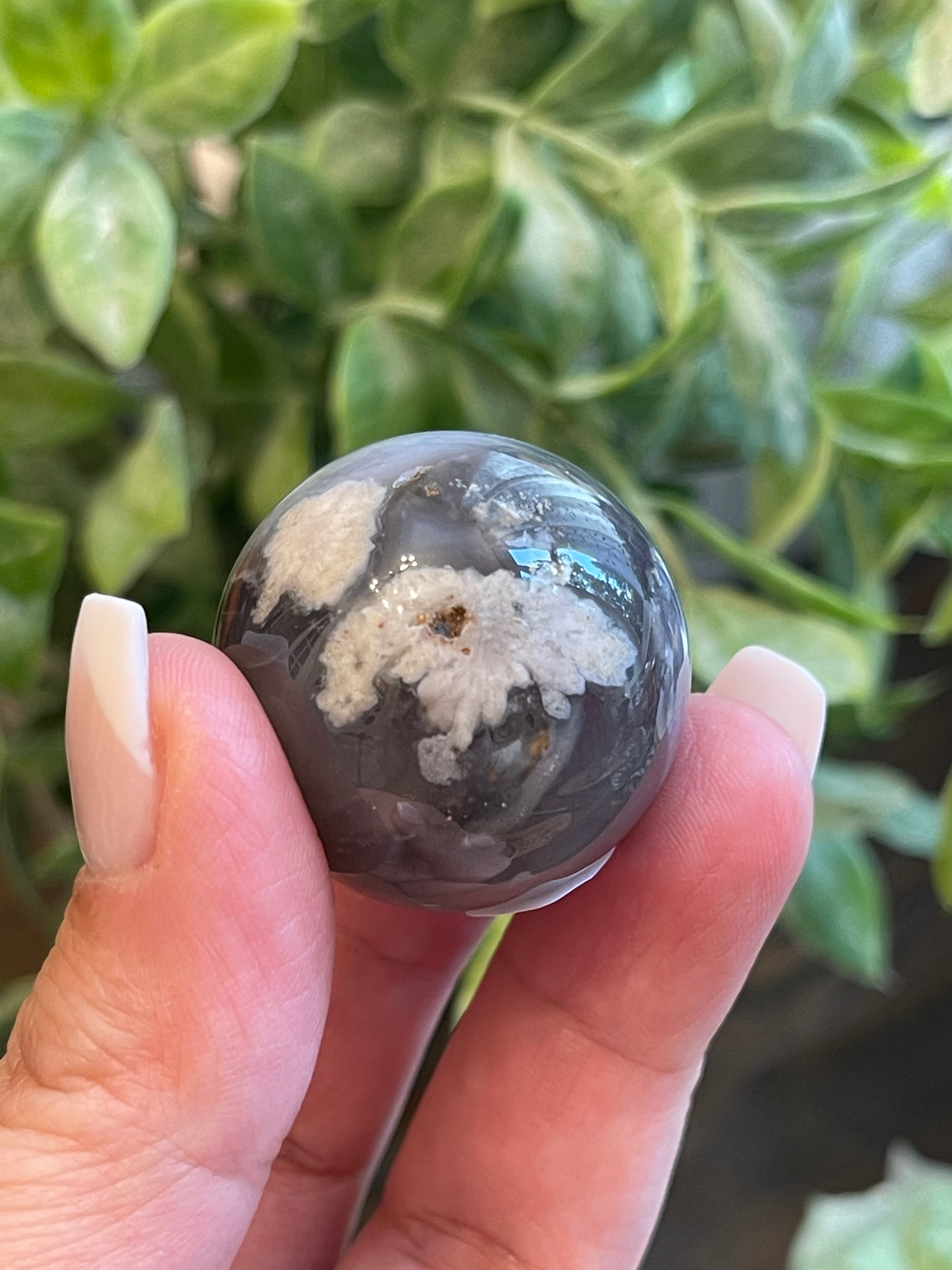 Black Flower Agate Sphere from Madagascar. 30.6mm