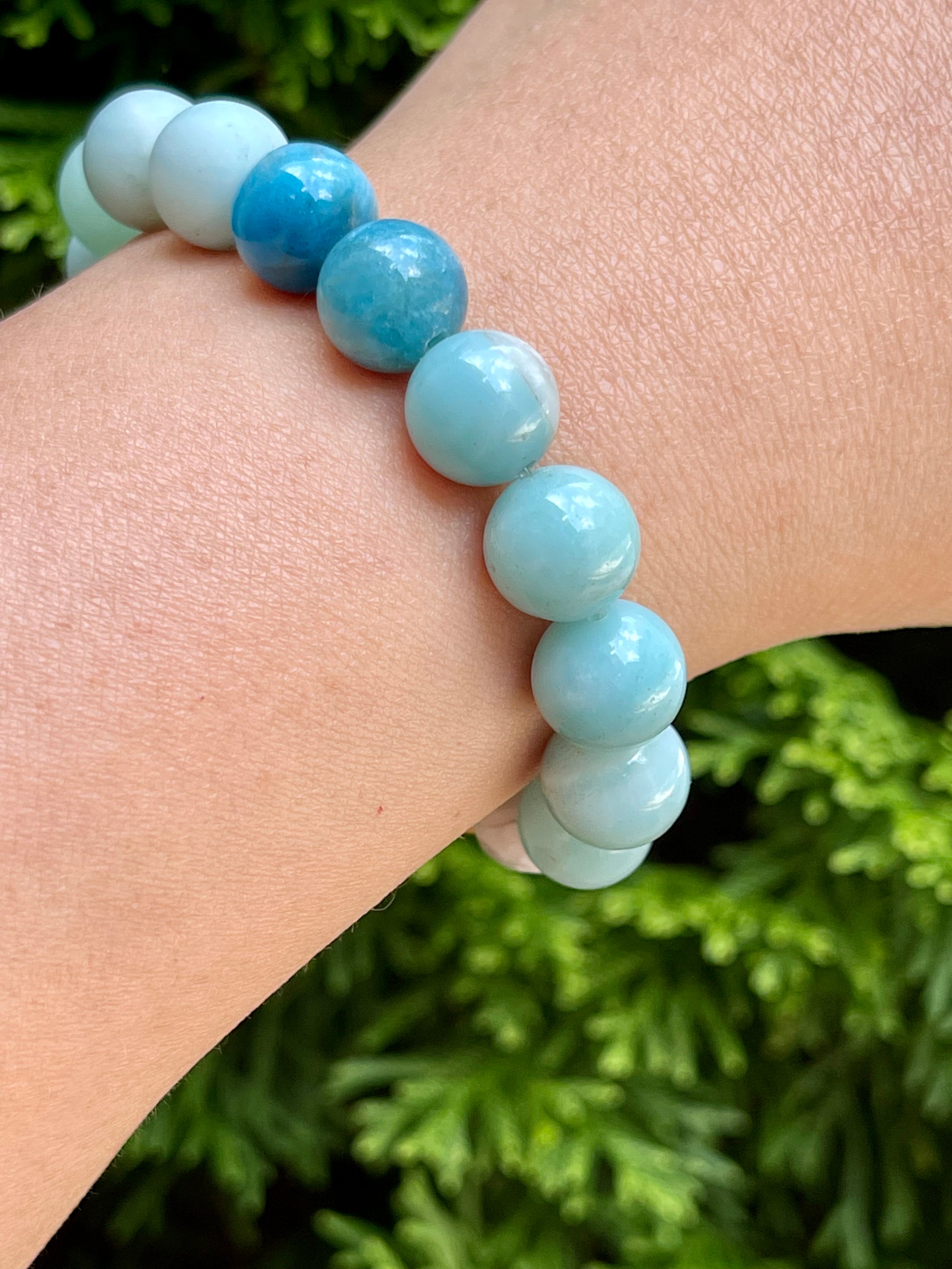 Amazonite, Apatite, Howlite and Cypress wood Handmade Natural Gemstone Bracelet with 10mm round beads.