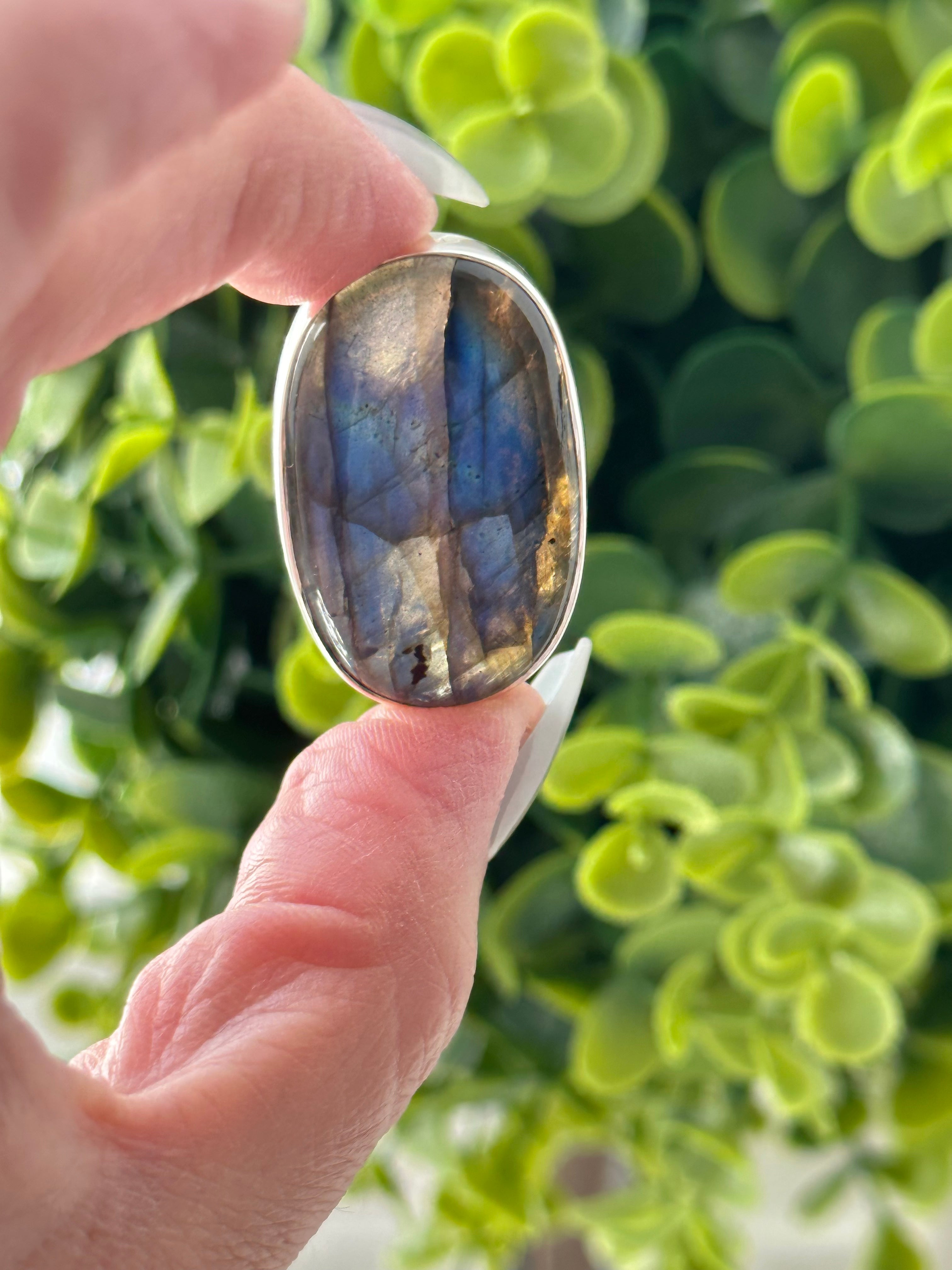 Large oval Blue Labradorite Adjustable Silver Ring