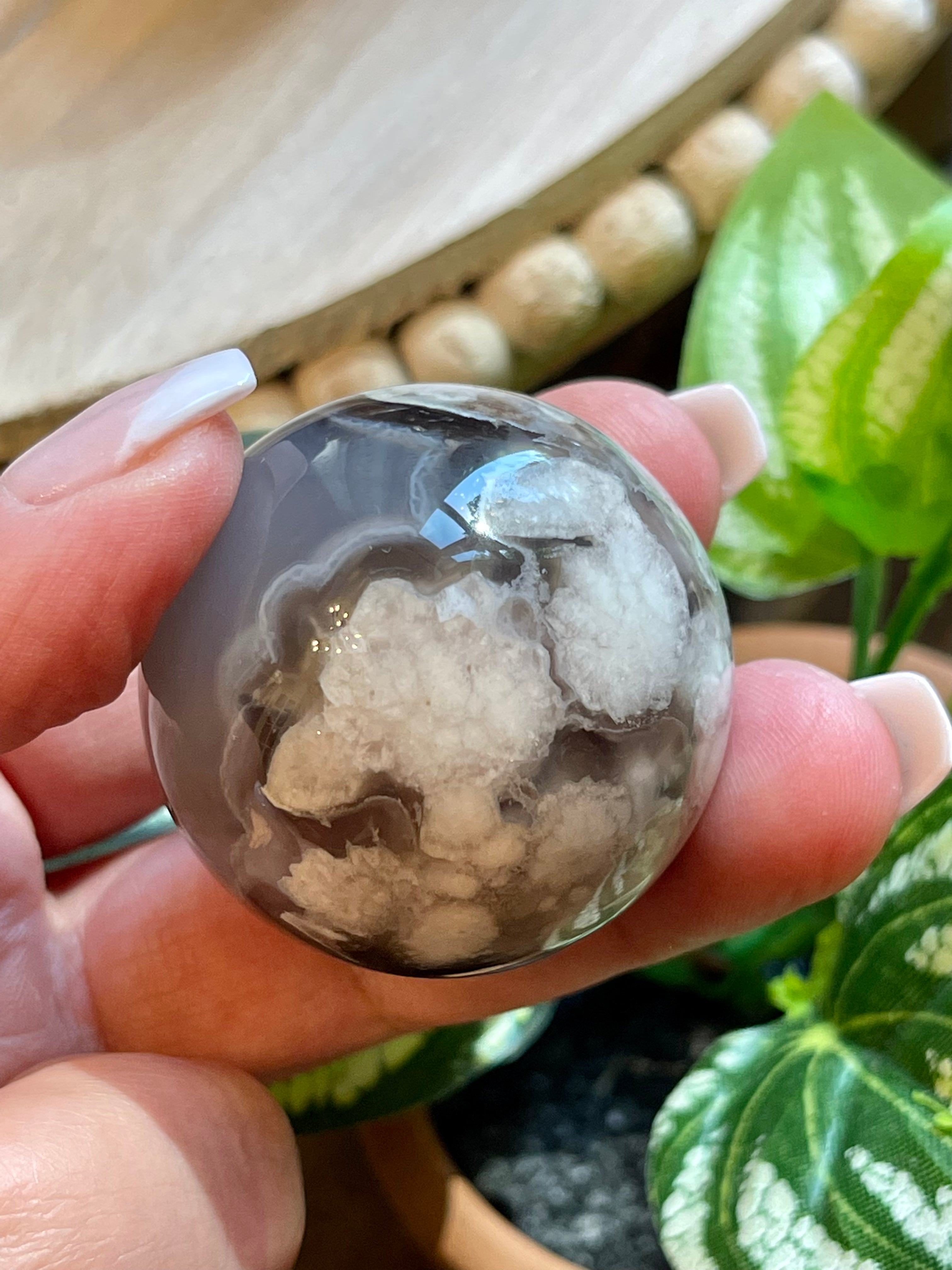 Black Flower Agate Sphere from Madagascar. 38.2mm