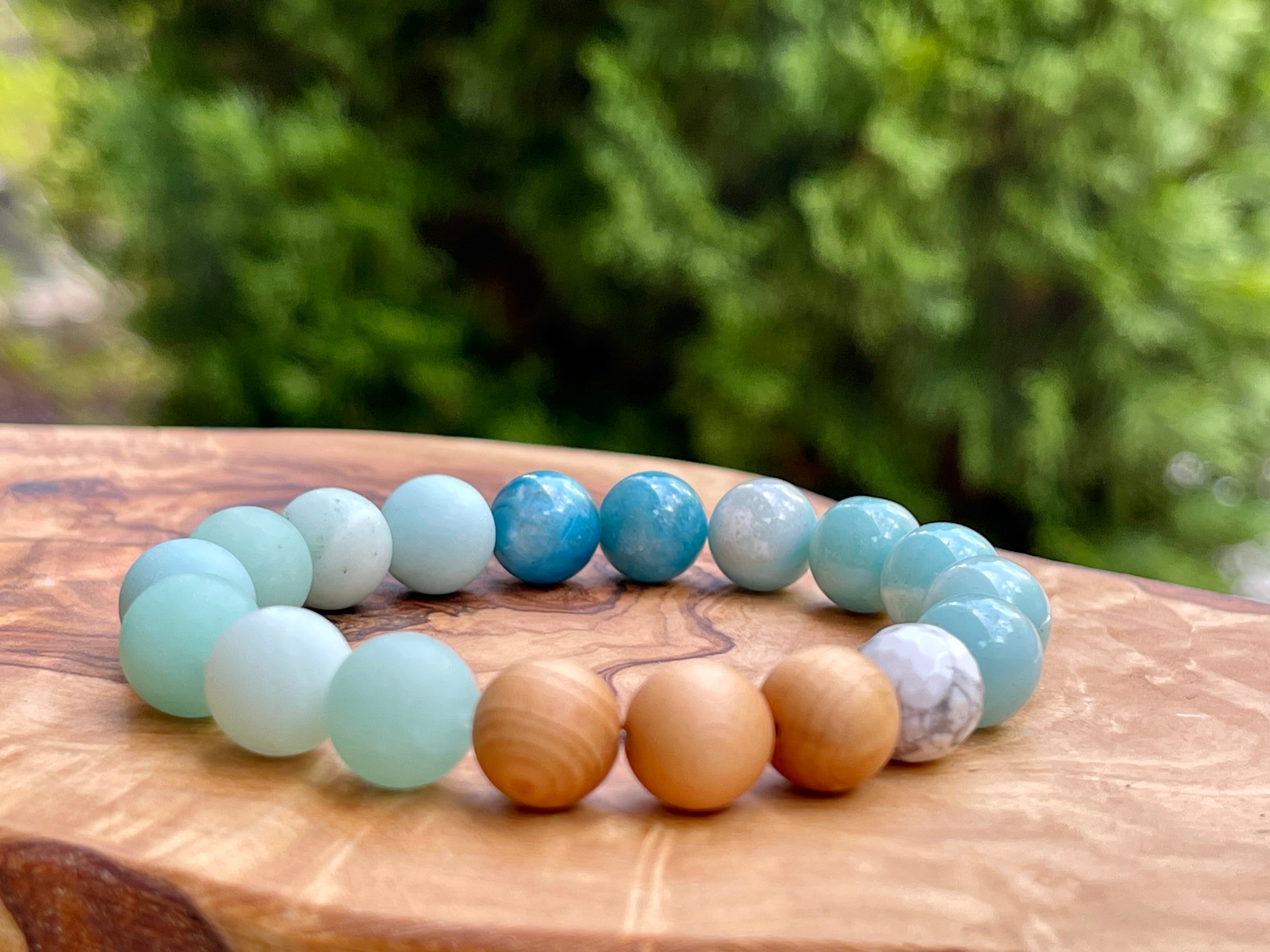 Amazonite, Apatite, Howlite and Cypress wood Handmade Natural Gemstone Bracelet with 10mm round beads.