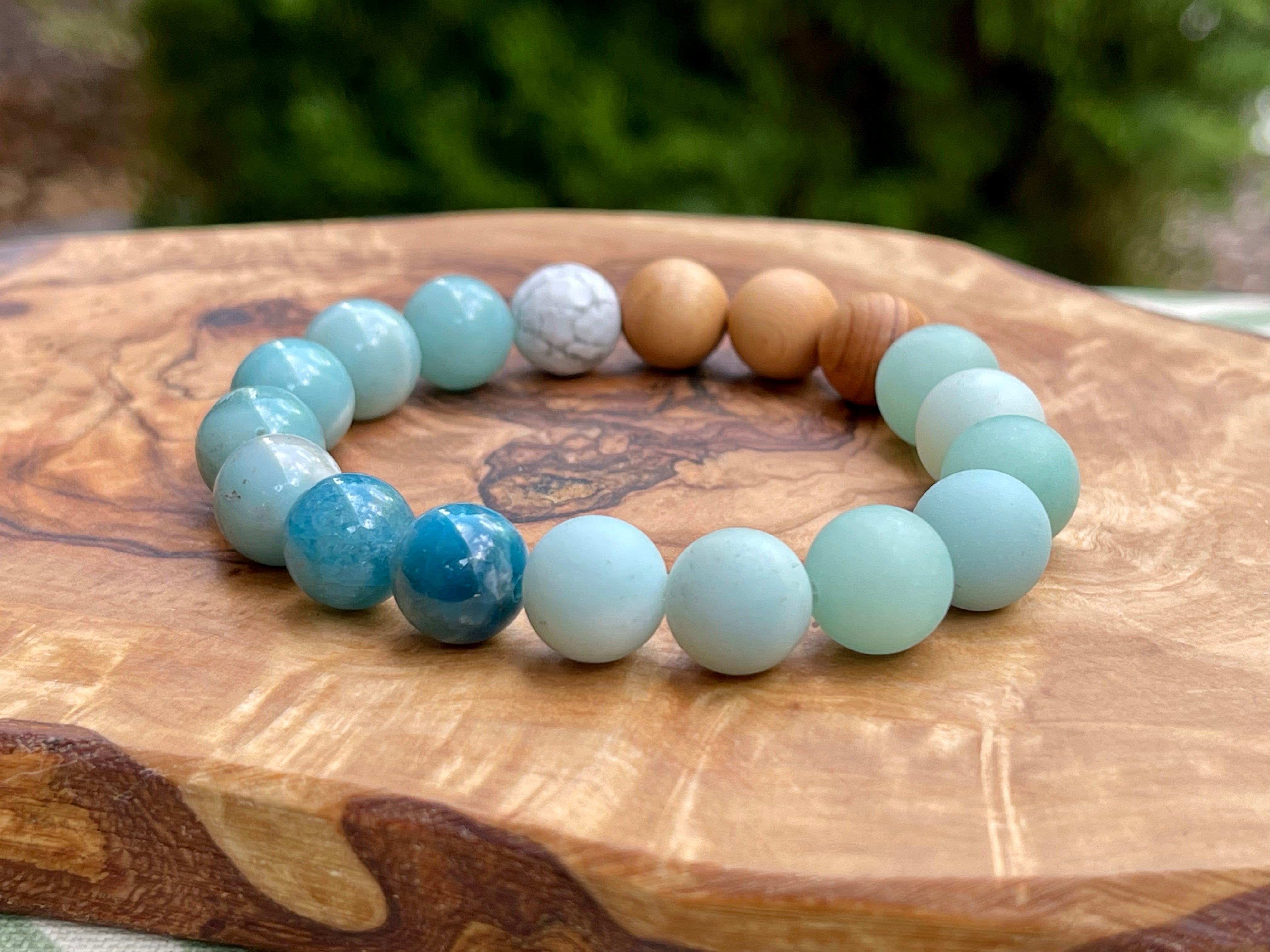 Amazonite, Apatite, Howlite and Cypress wood Handmade Natural Gemstone Bracelet with 10mm round beads.