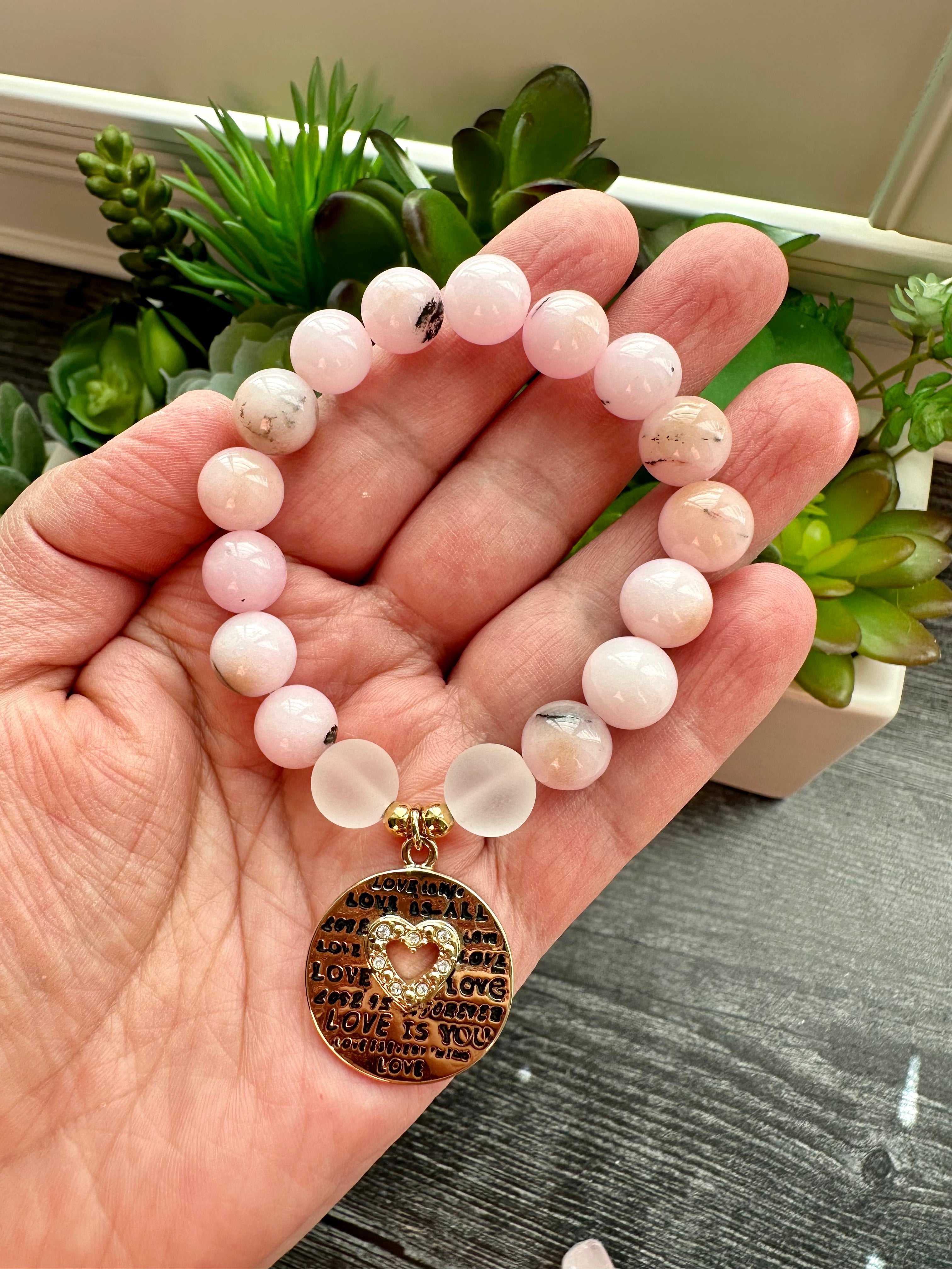 Stacked Crystal Beaded Bracelets in Pink and Grey tones