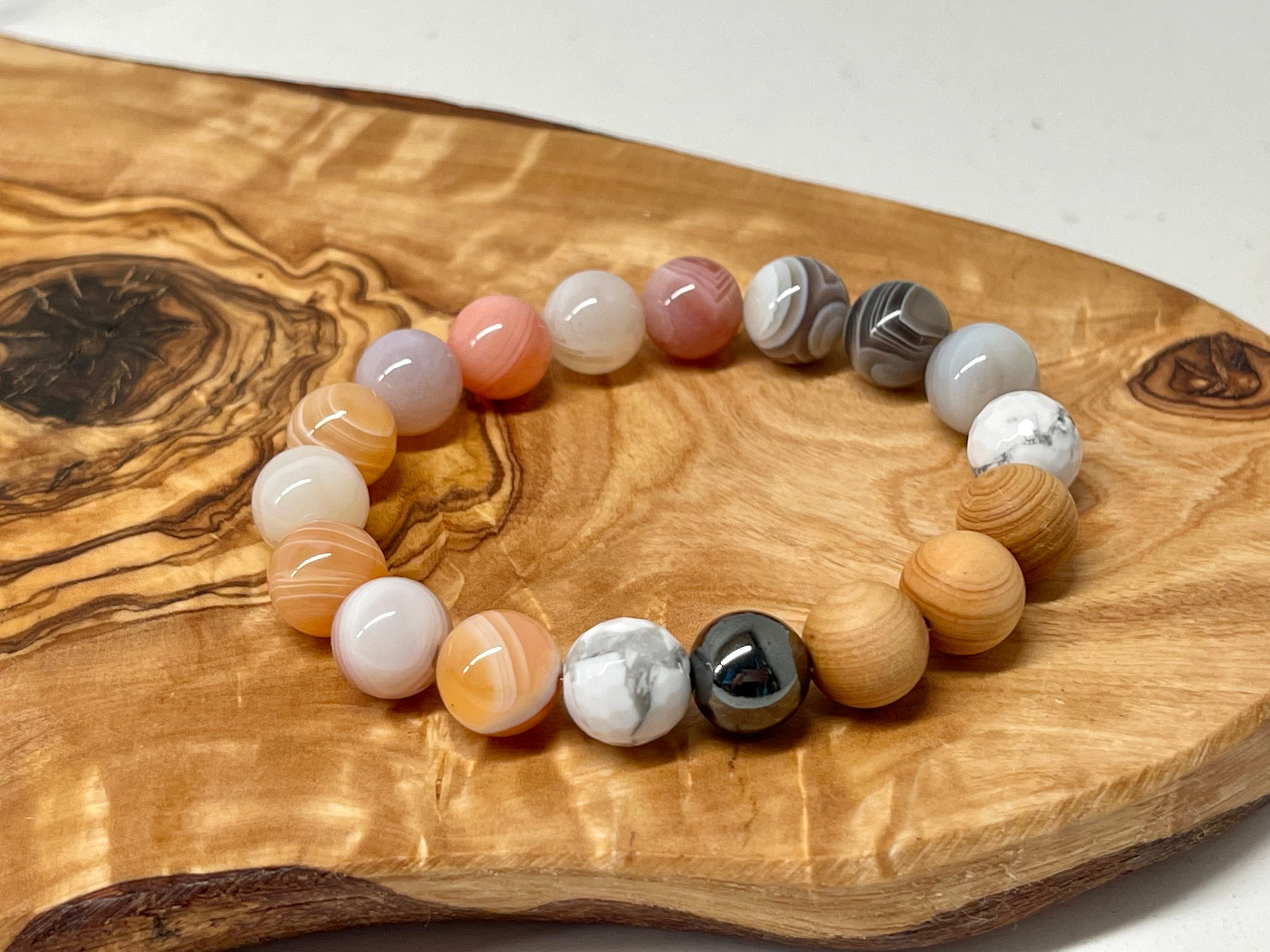 Peach Agate, Hematite, Howlite and Cypress wood Handmade Natural Gemstone Bracelet with 10mm round beads.