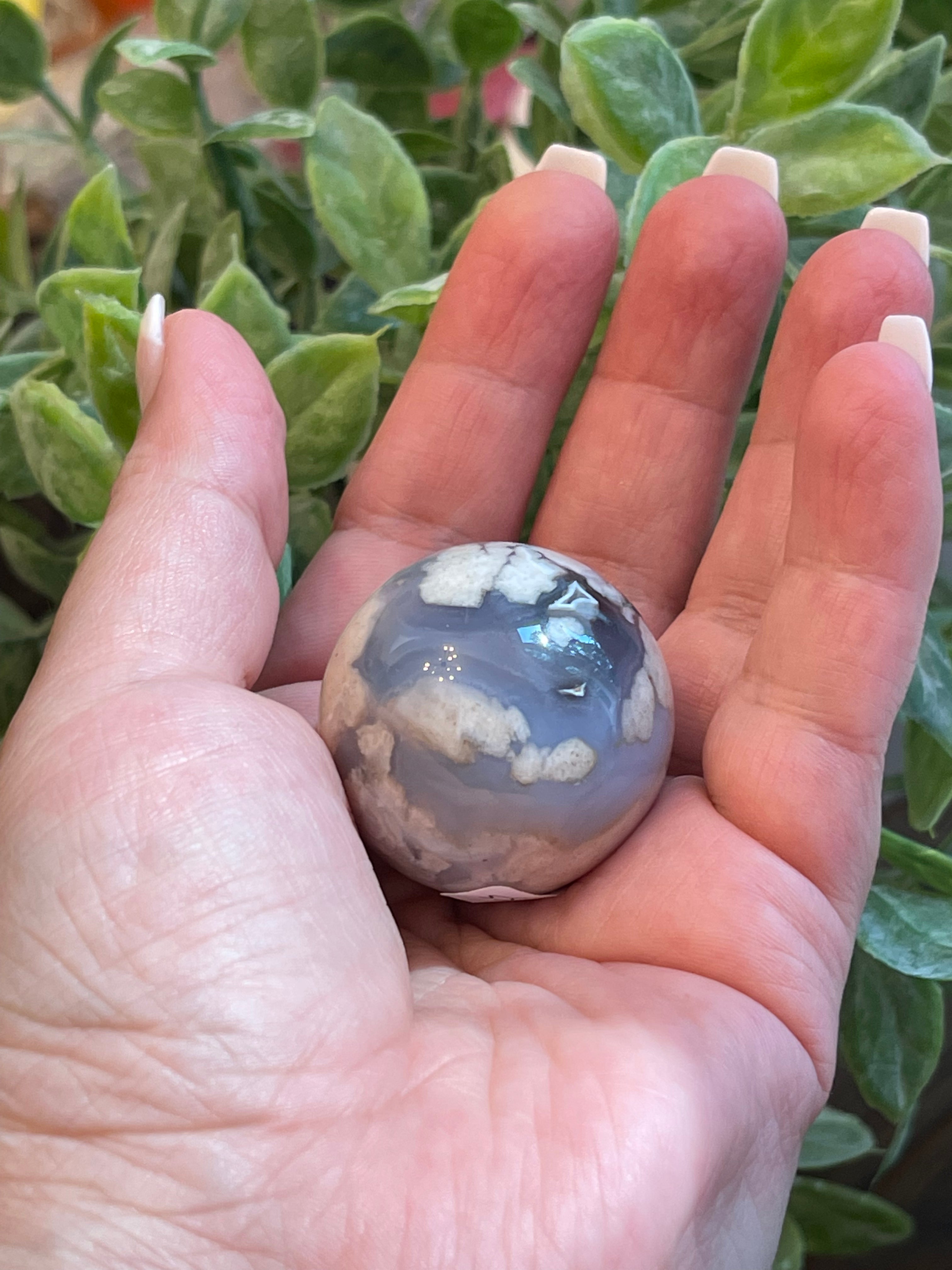 Black Flower Agate Sphere from Madagascar. 34.3mm