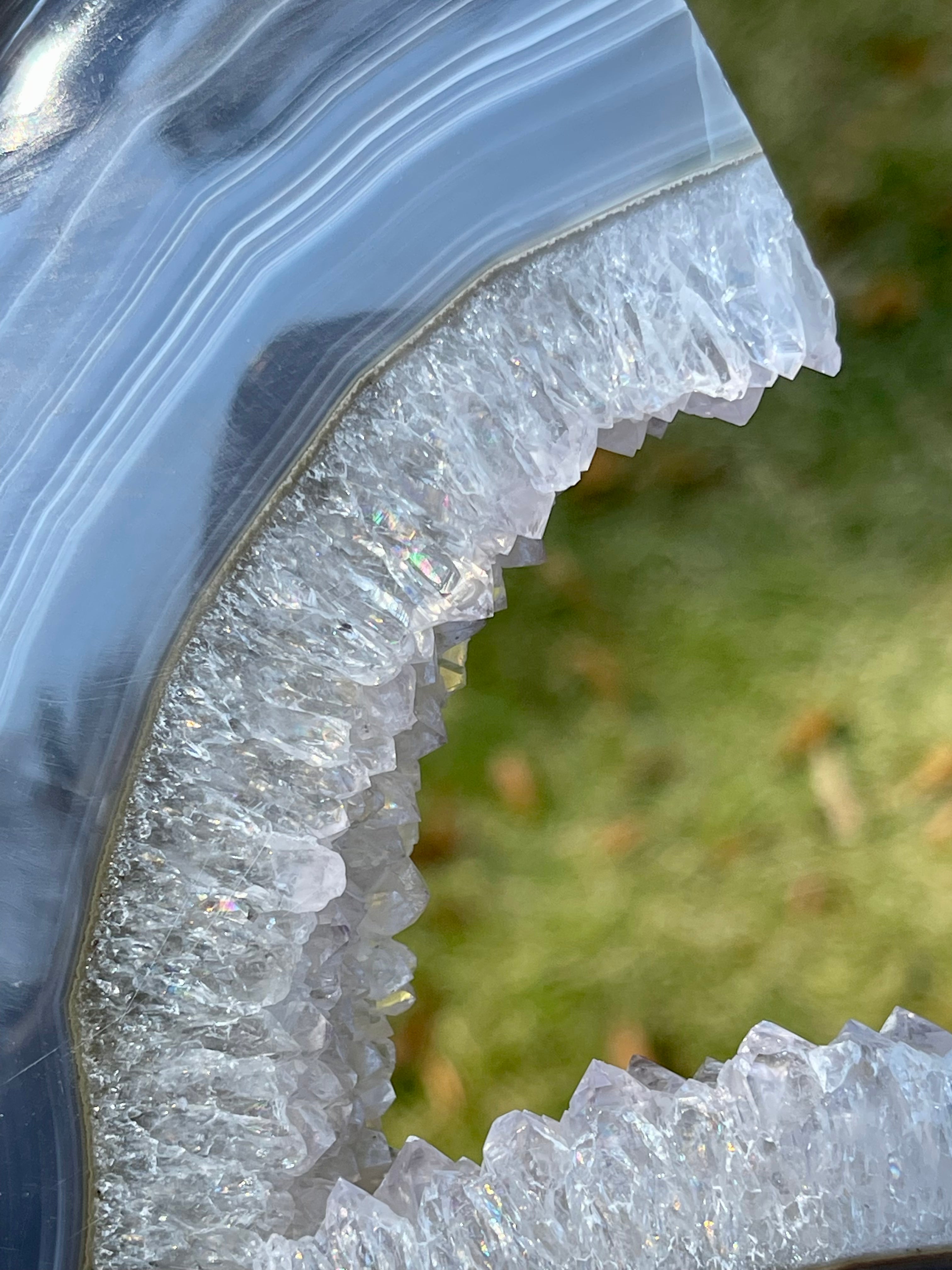 Natural polished blue-gray Agate slice with Amethyst druzy.584gr