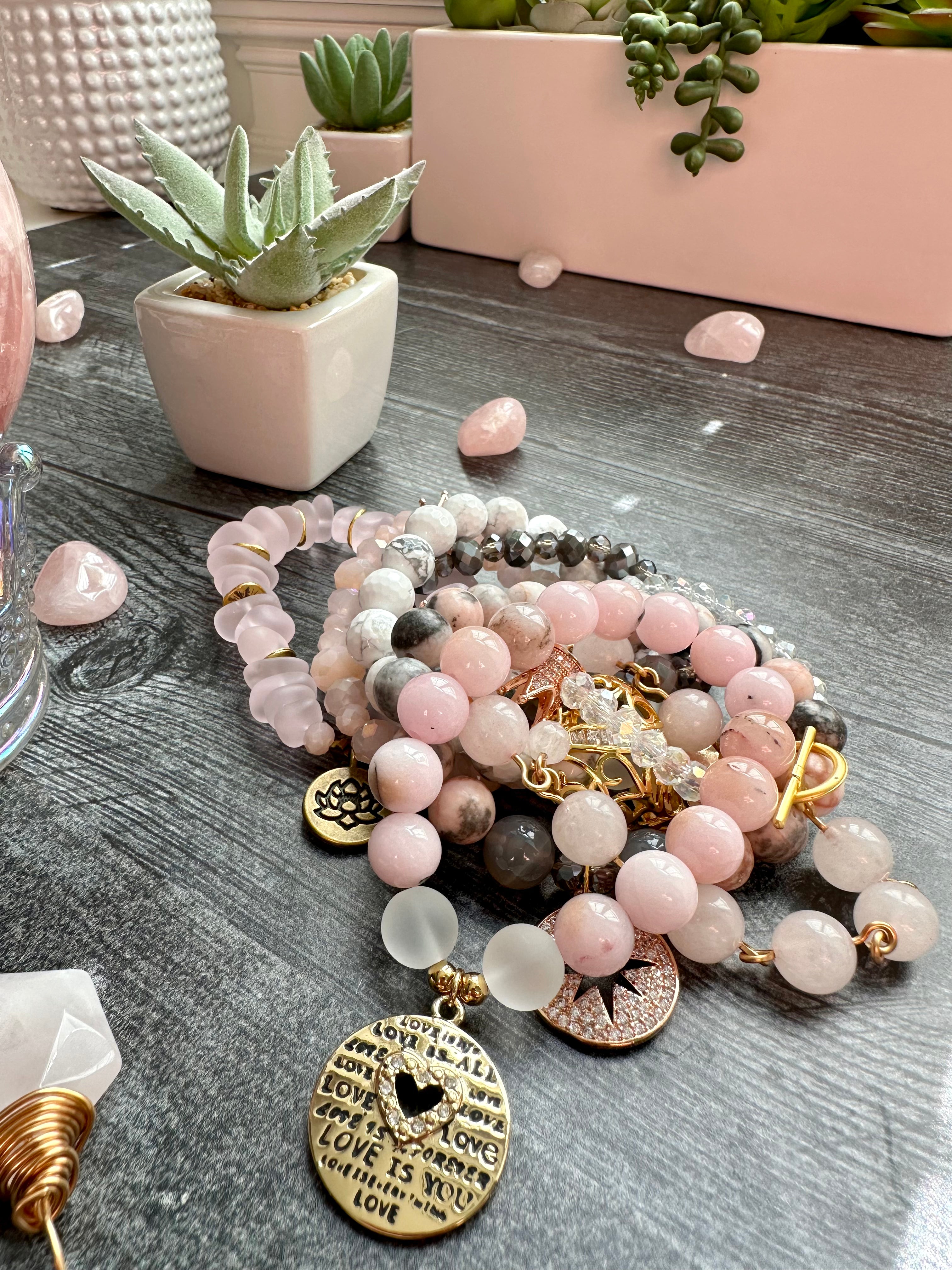 Stacked Crystal Beaded Bracelets in Pink and Grey tones