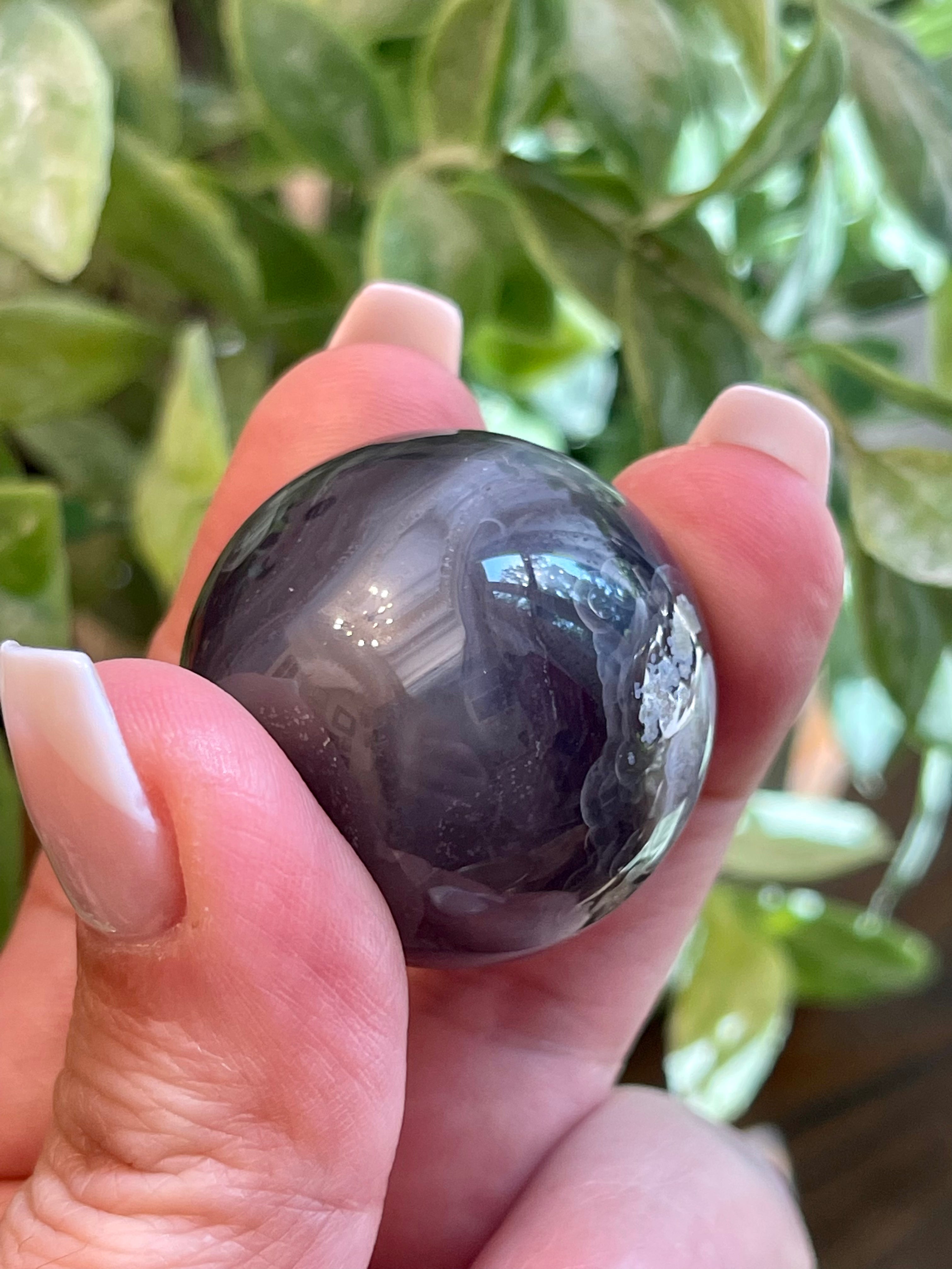 Black Flower Agate Sphere from Madagascar. 32.2mm