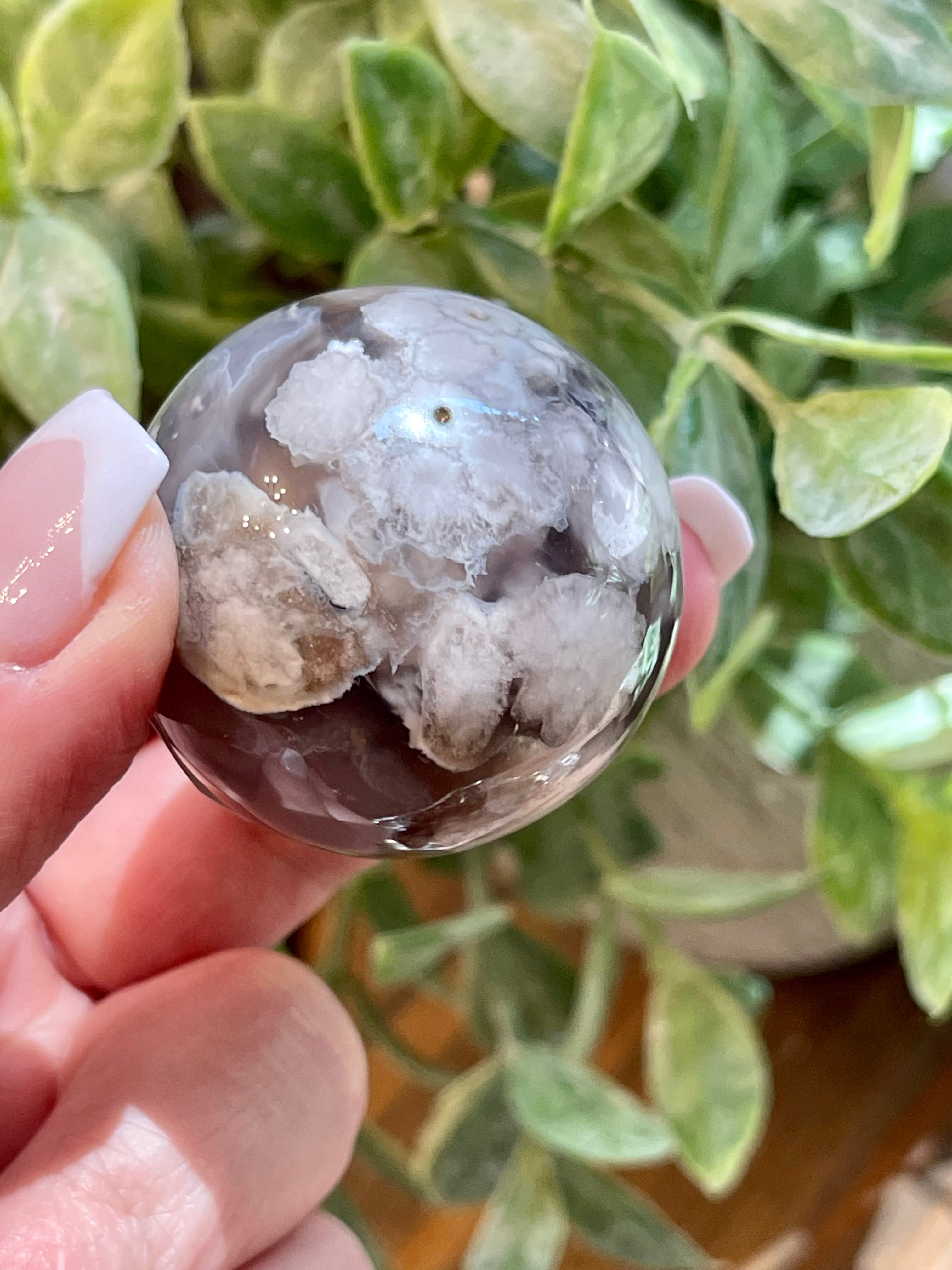 Black Flower Agate Sphere from Madagascar. 38.2mm