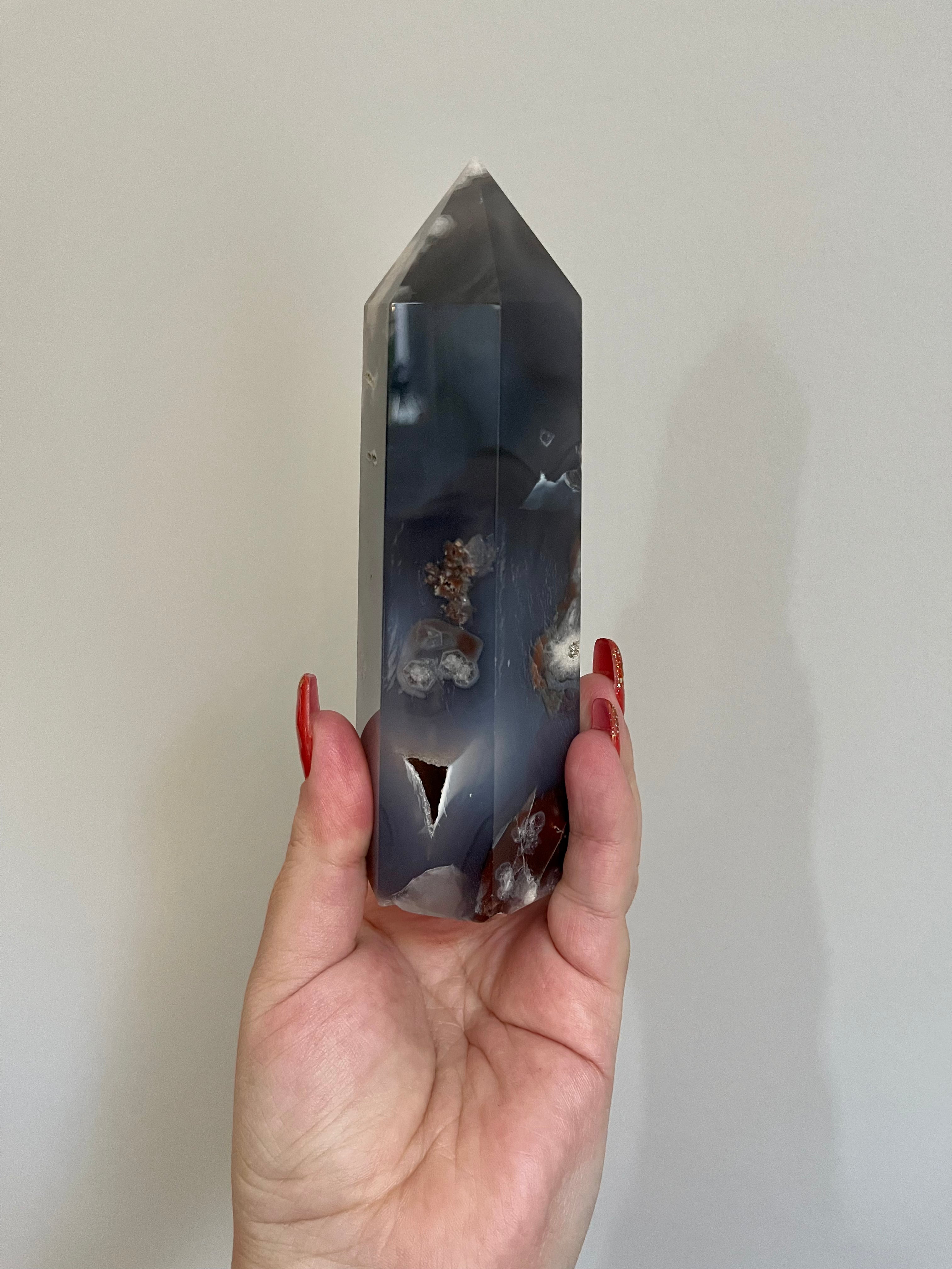 Black Flower Agate tower with Druzy from Madagascar. Gorgeous large sized tower.