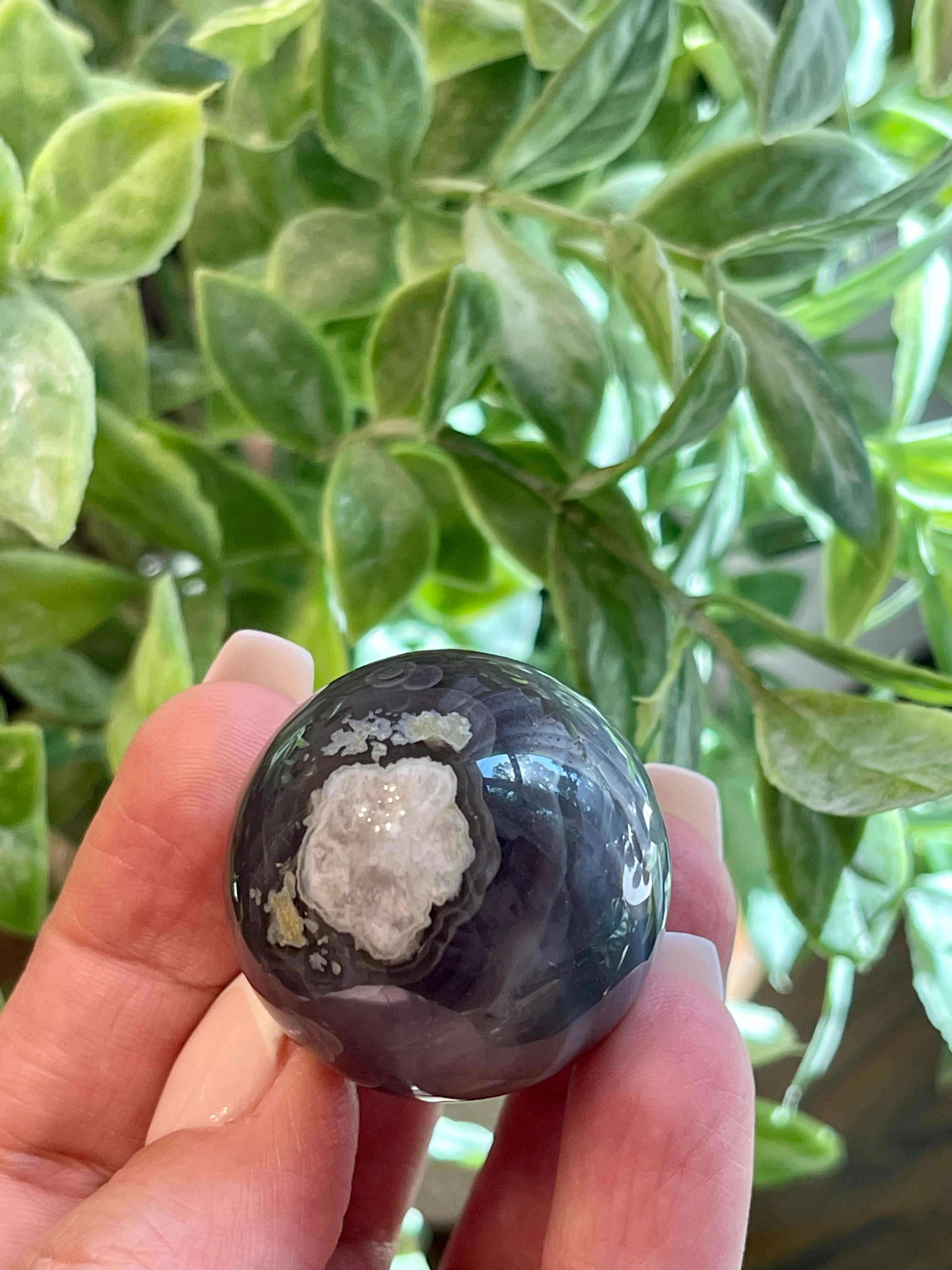 Black Flower Agate Sphere from Madagascar. 32.2mm