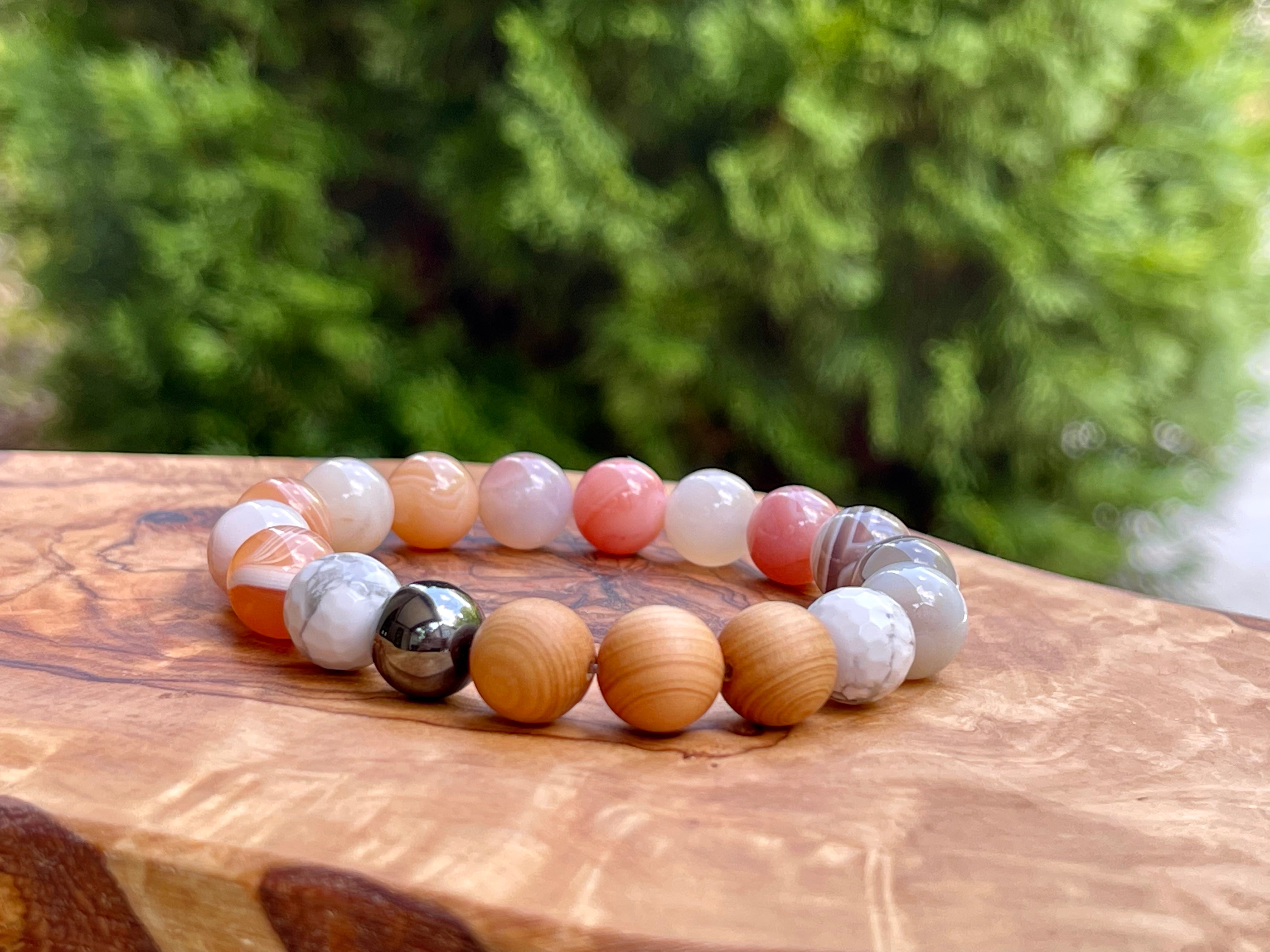 Peach Agate, Hematite, Howlite and Cypress wood Handmade Natural Gemstone Bracelet with 10mm round beads.