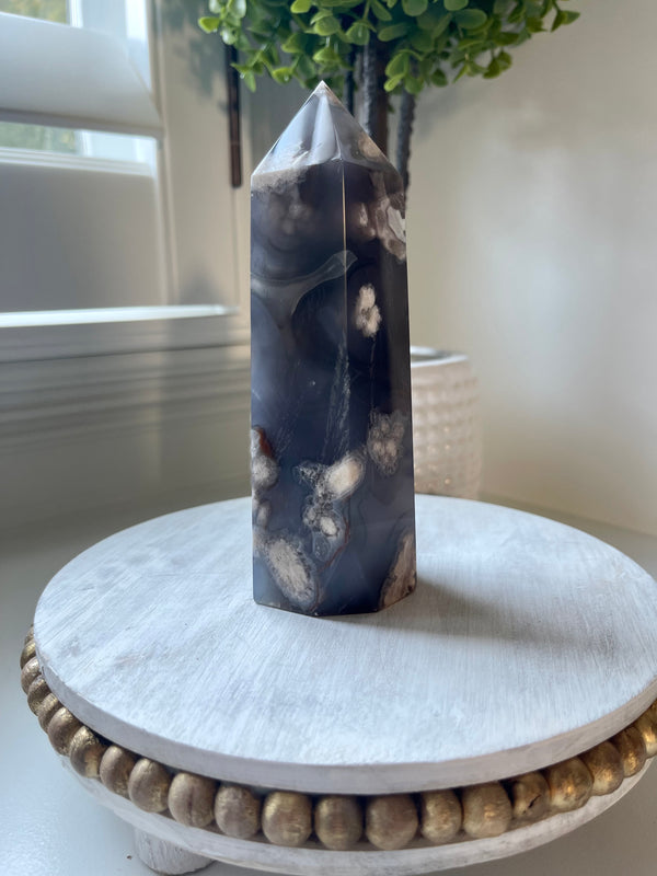 Black Flower Agate tower with Druzy from Madagascar. Gorgeous large sized tower.