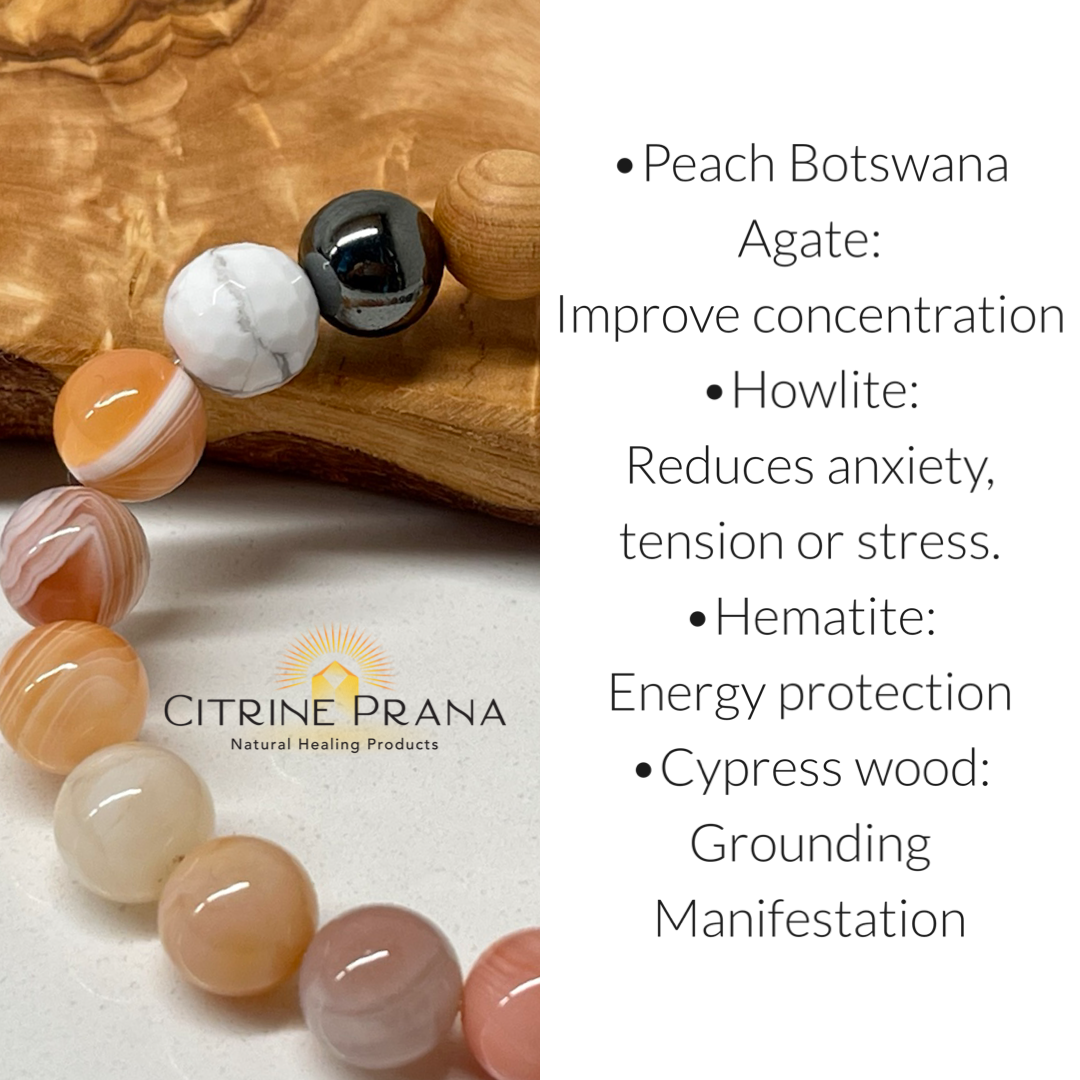 Peach Agate, Hematite, Howlite and Cypress wood Handmade Natural Gemstone Bracelet with 10mm round beads.