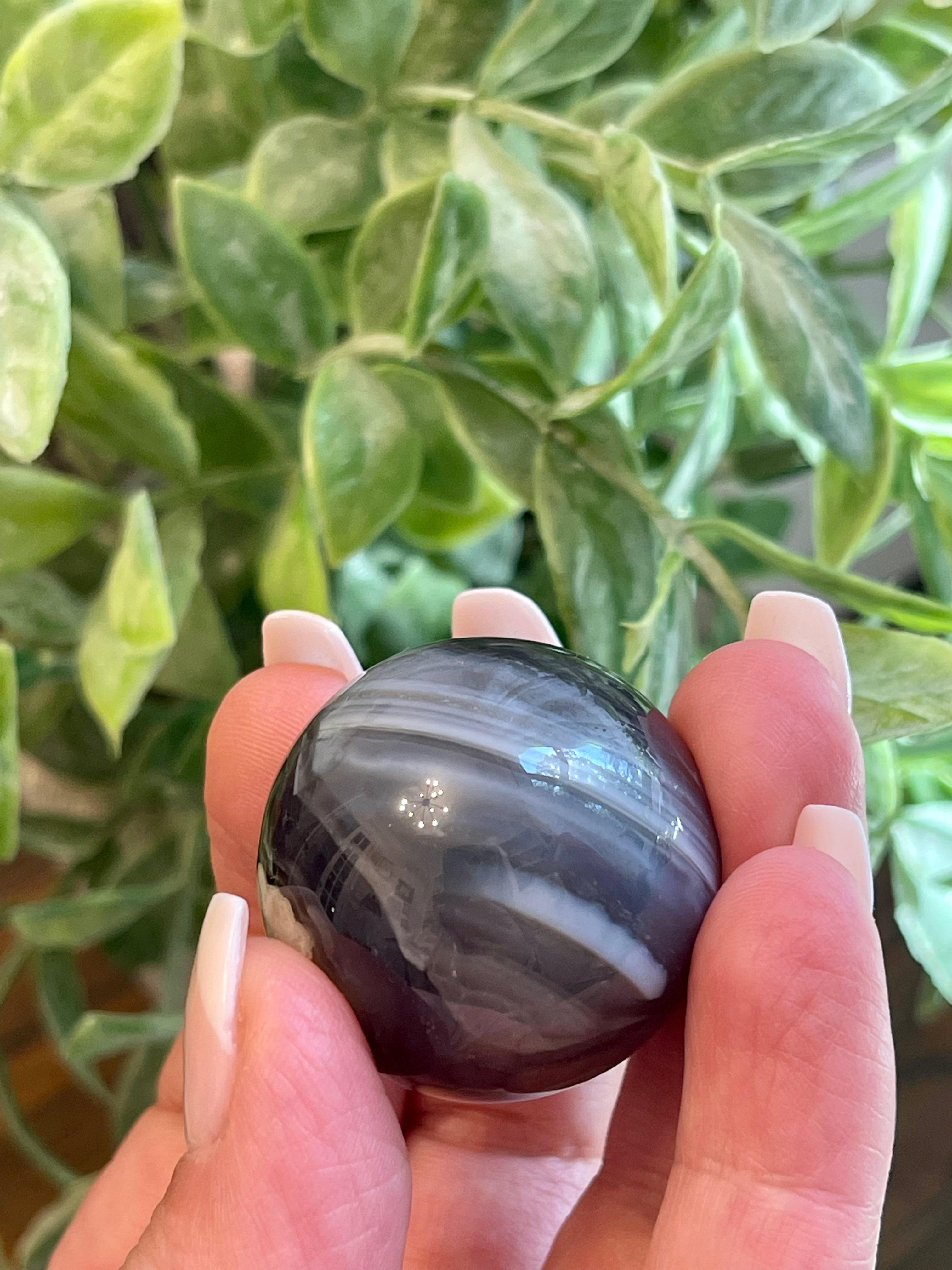 Black Flower Agate Sphere from Madagascar. 32.2mm