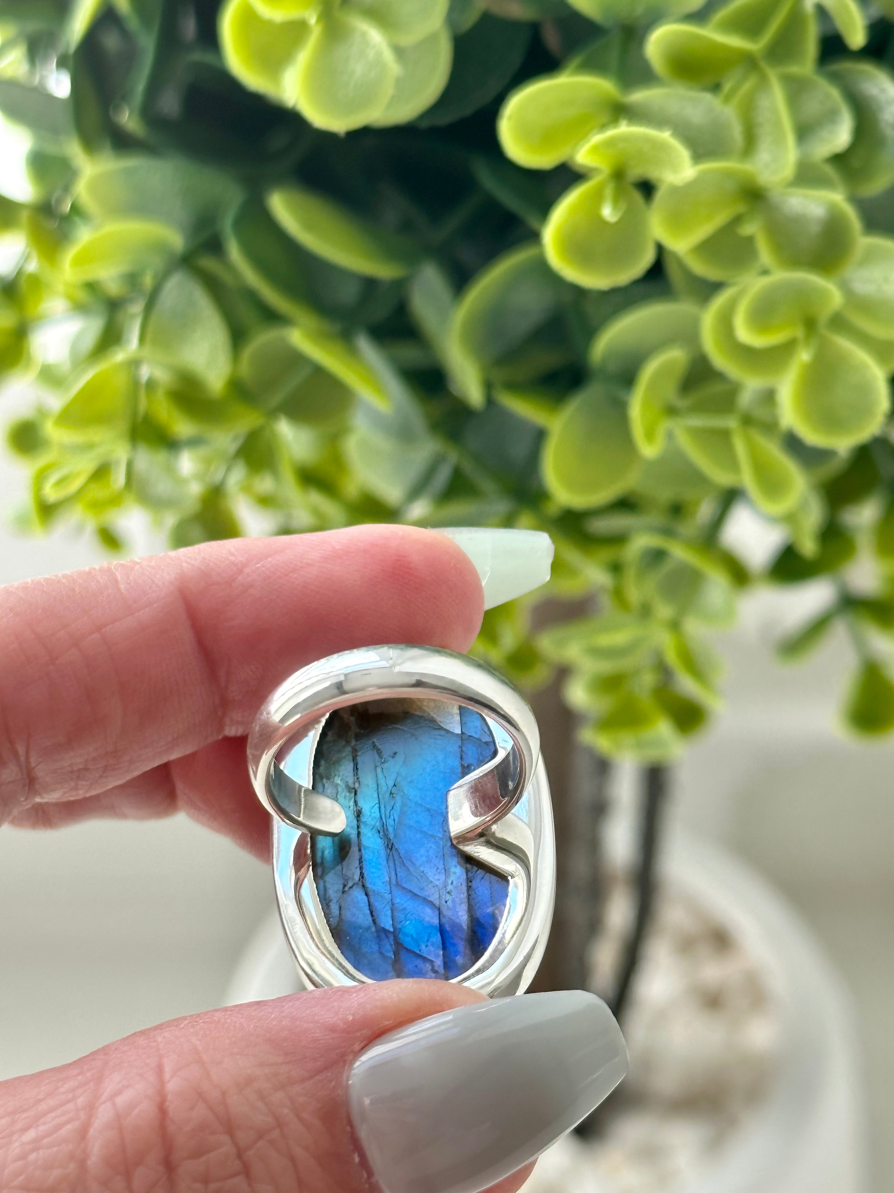 Large oval Blue Labradorite Adjustable Silver Ring