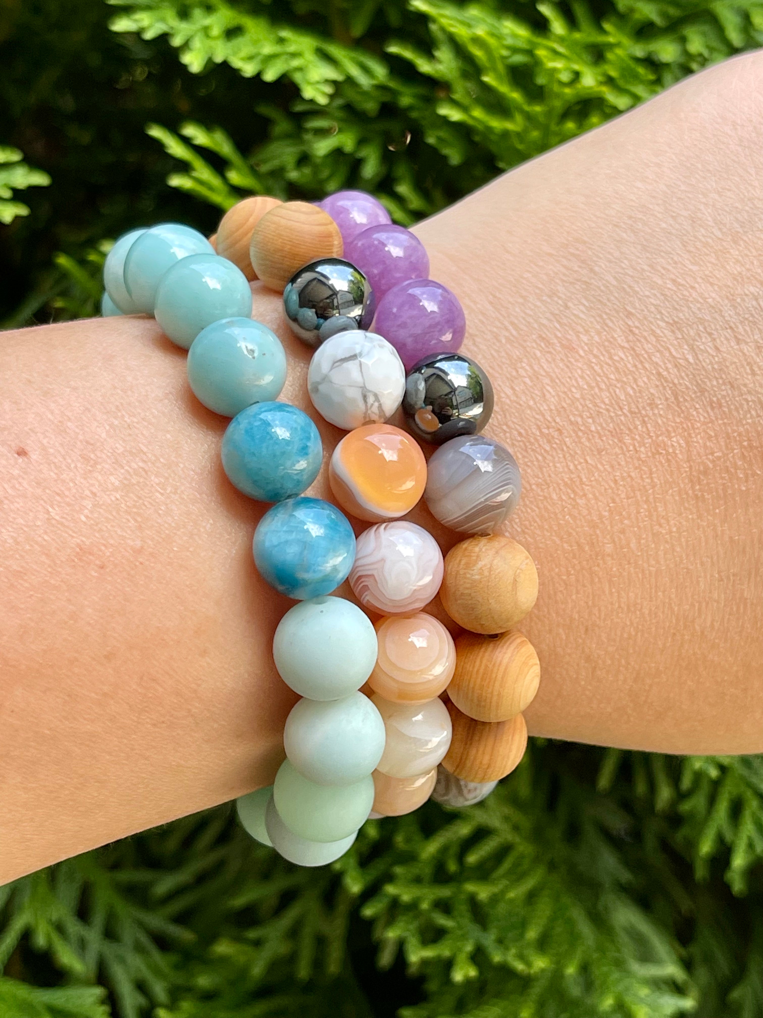 Peach Agate, Hematite, Howlite and Cypress wood Handmade Natural Gemstone Bracelet with 10mm round beads.