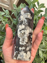 Black Flower Agate tower with Druzy pockets from Madagascar. Gorgeous medium sized tower.