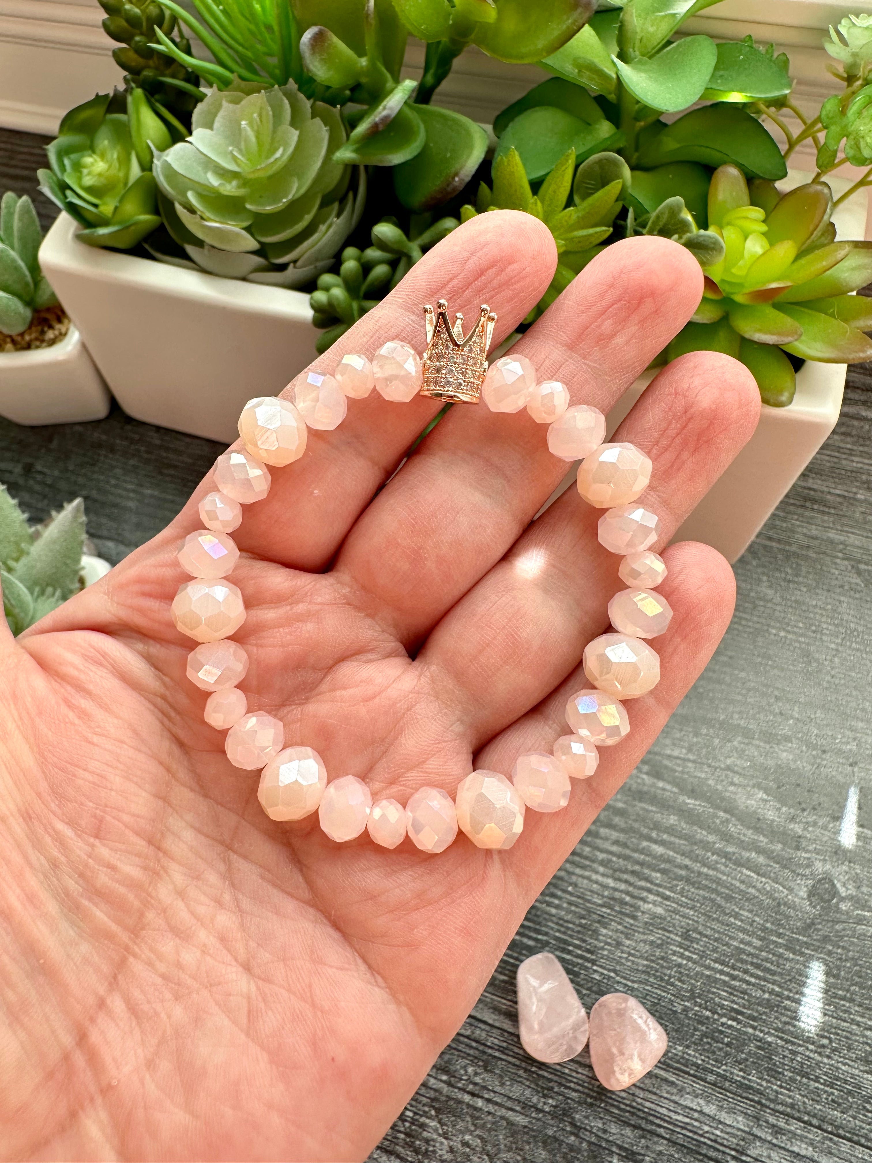 Stacked Crystal Beaded Bracelets in Pink and Grey tones