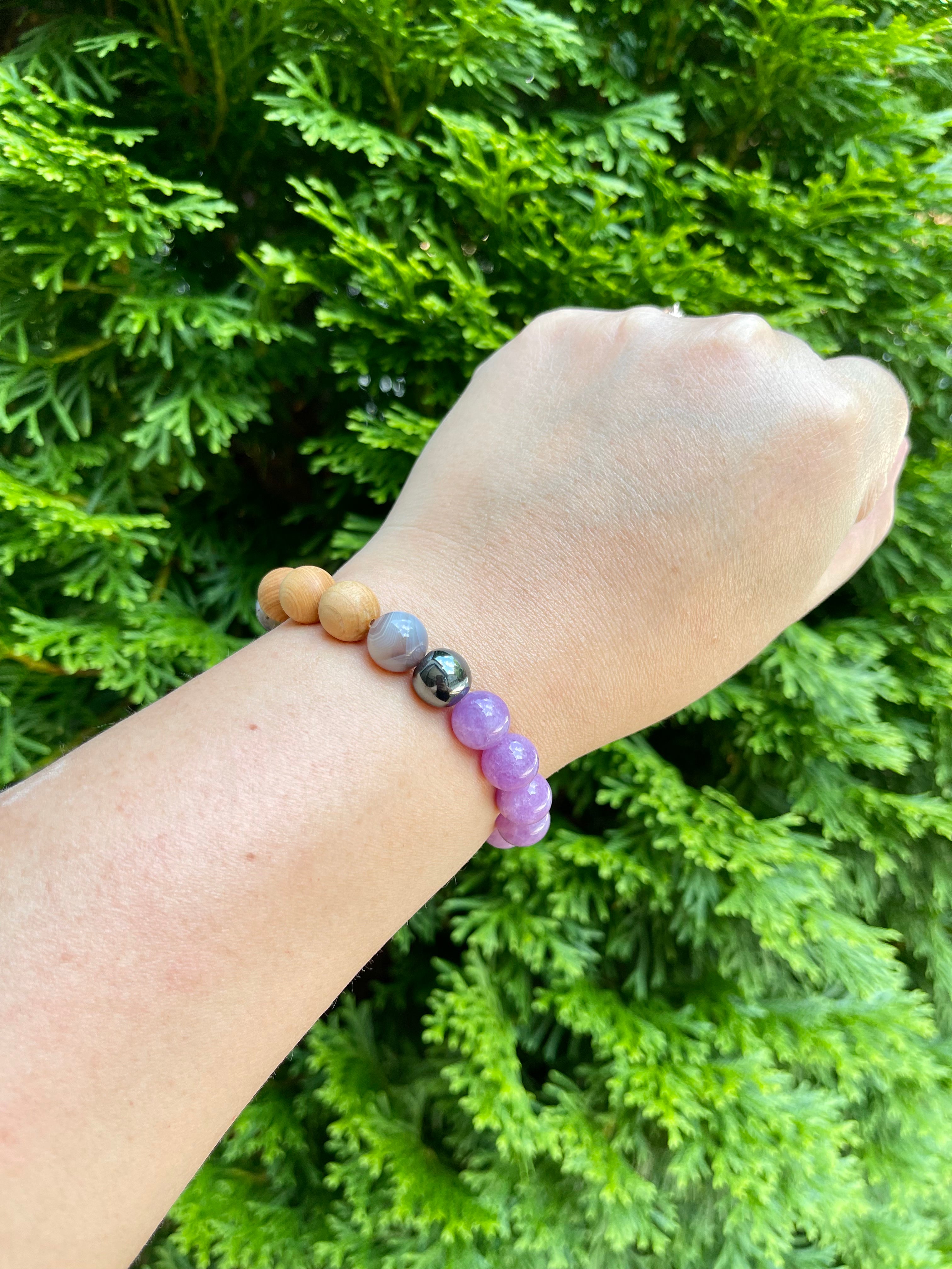 Kunzite, Agate, Hematite and Cypress wood Handmade Natural Gemstone Bracelet with 10mm round beads.