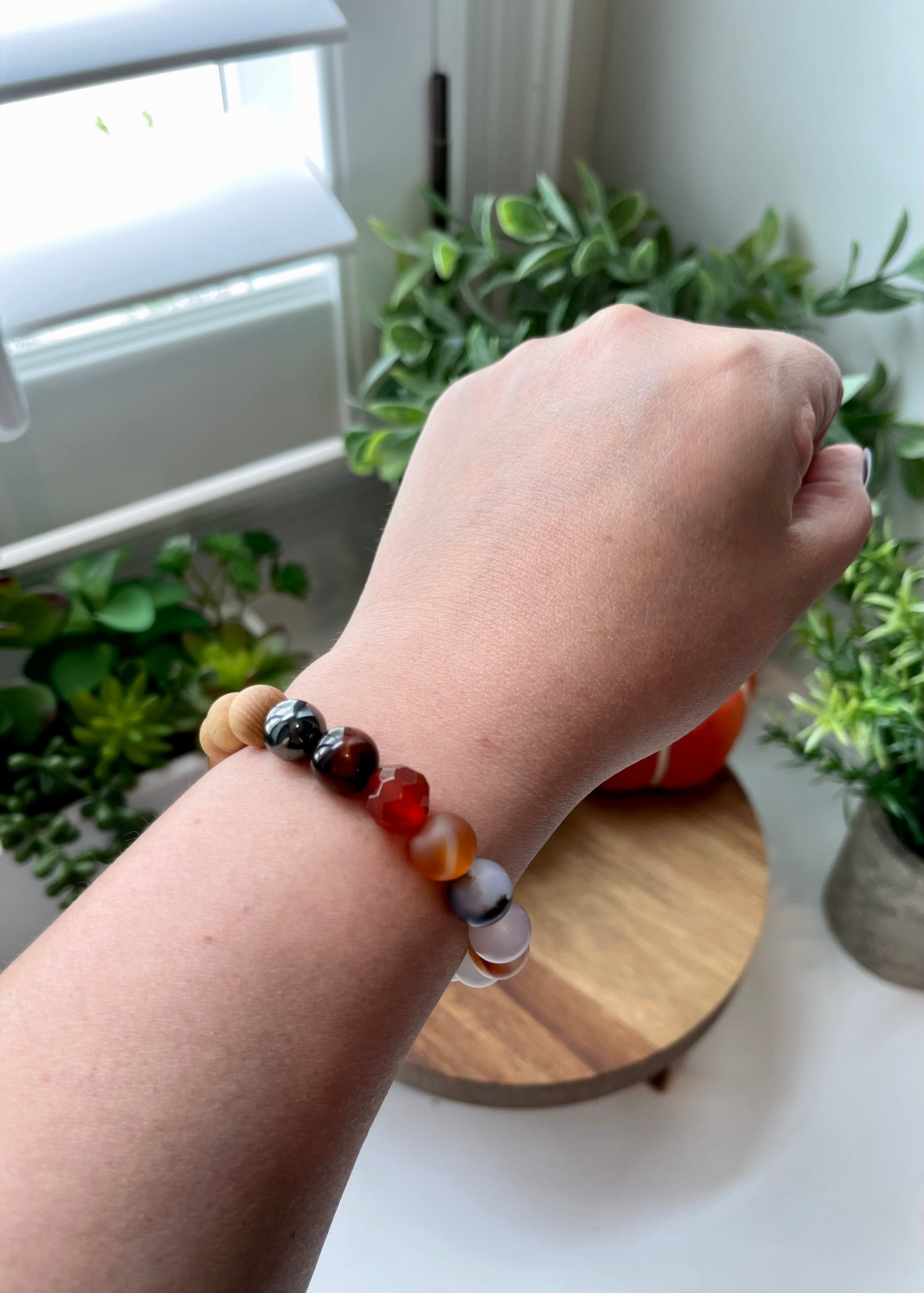 Handmade Montana Agate, Carnelian and Red Tiger's Eye bracelet. 10mm Natural crystal beads.