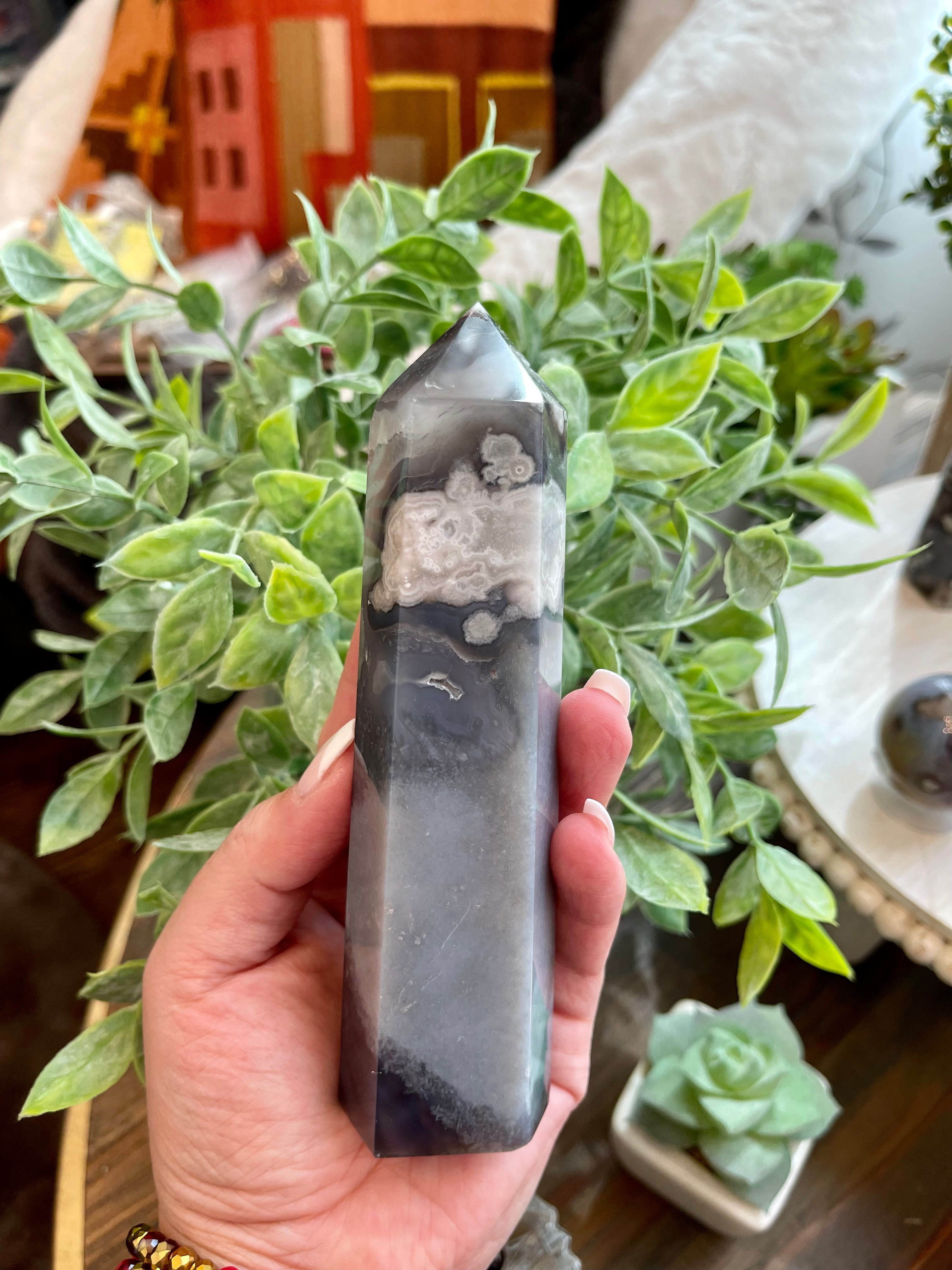 Black Flower Agate tower from Madagascar. Large Flower Agate tower with Druzy.