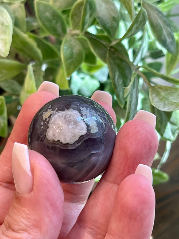 Black Flower Agate Sphere from Madagascar. 32.2mm