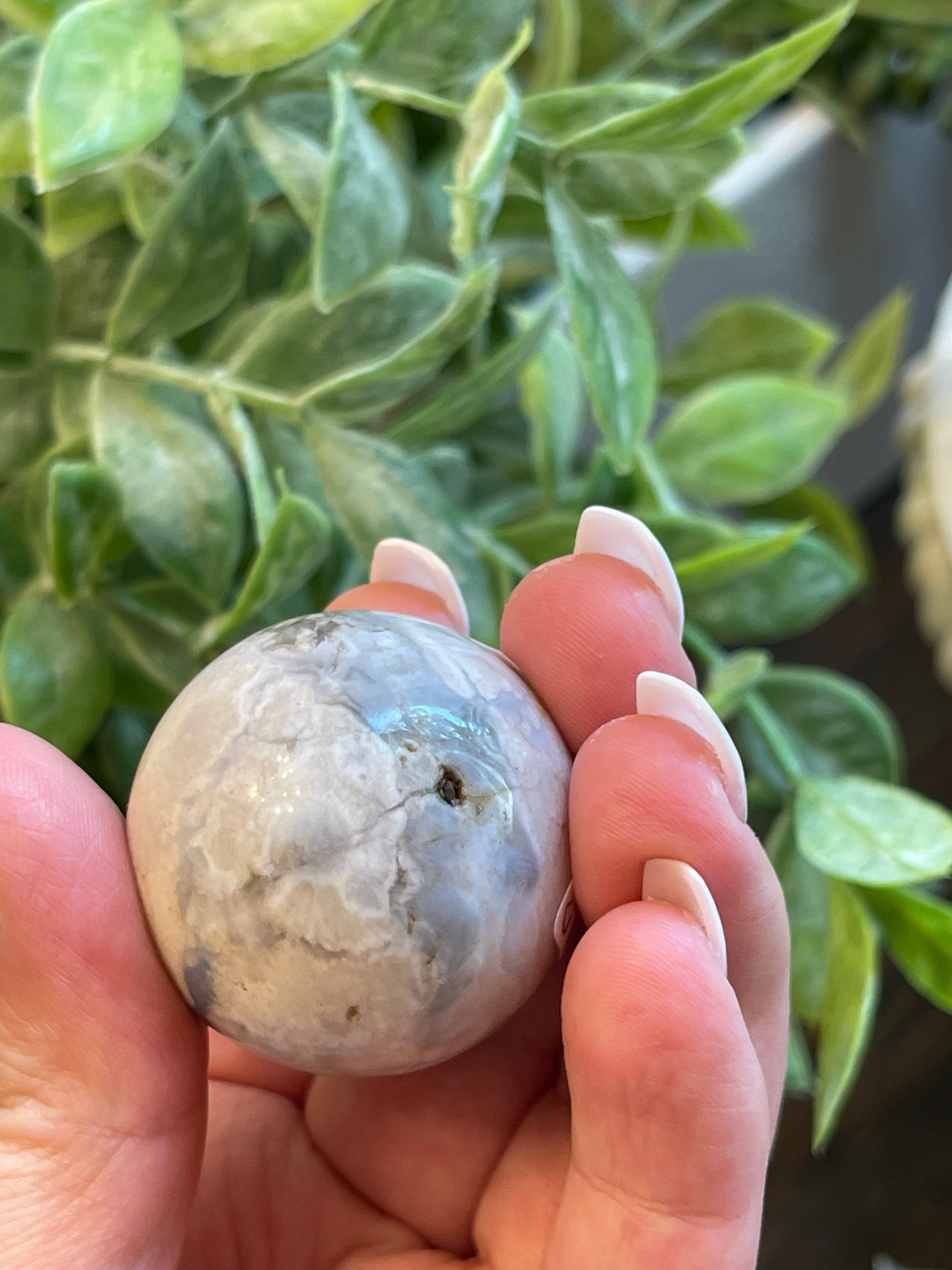 Black Flower Agate Sphere from Madagascar. 34.3mm