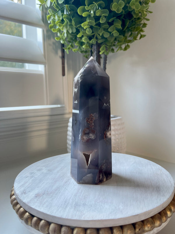 Black Flower Agate tower with Druzy from Madagascar. Gorgeous large sized tower.