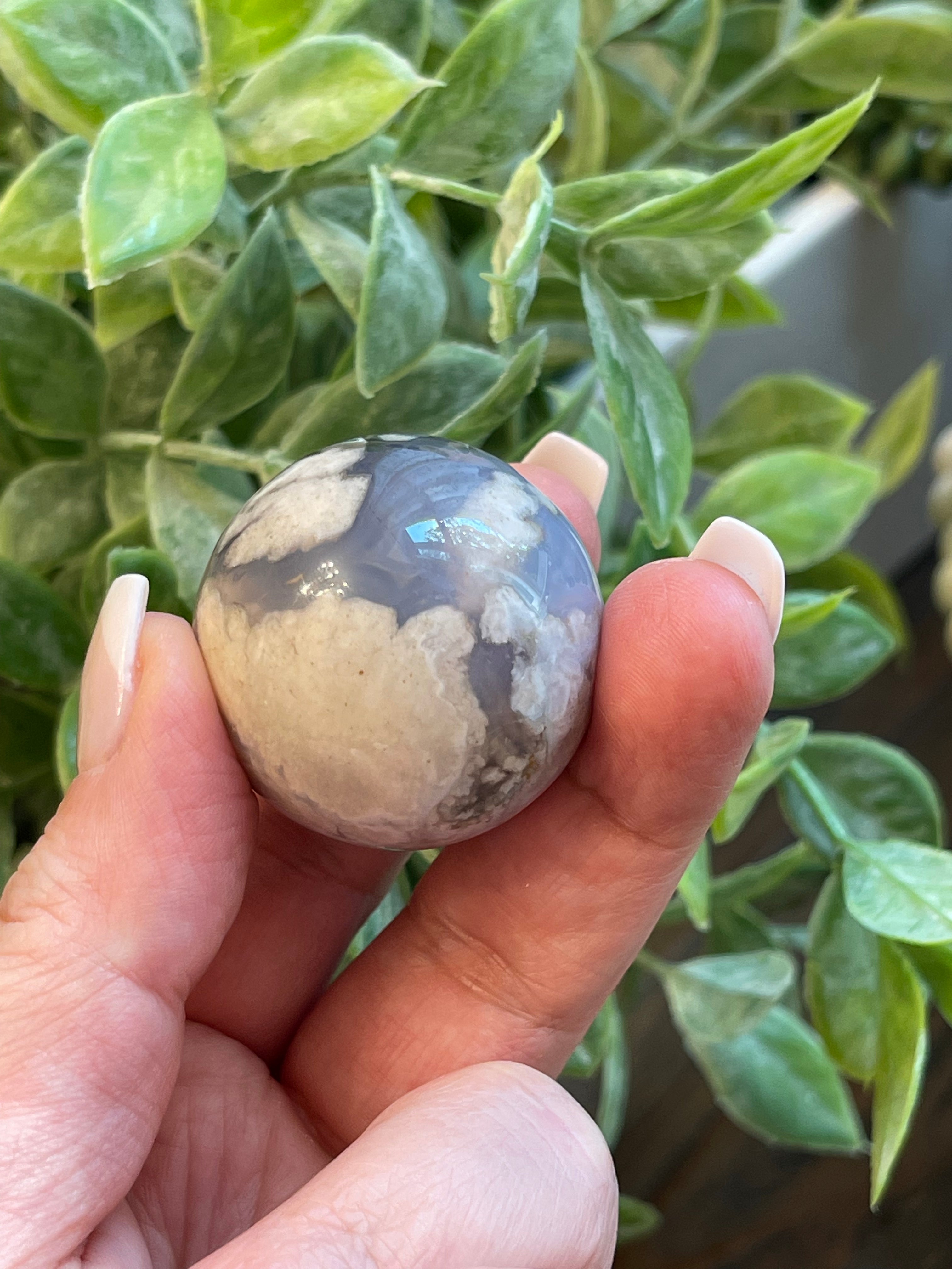 Black Flower Agate Sphere from Madagascar. 34.3mm