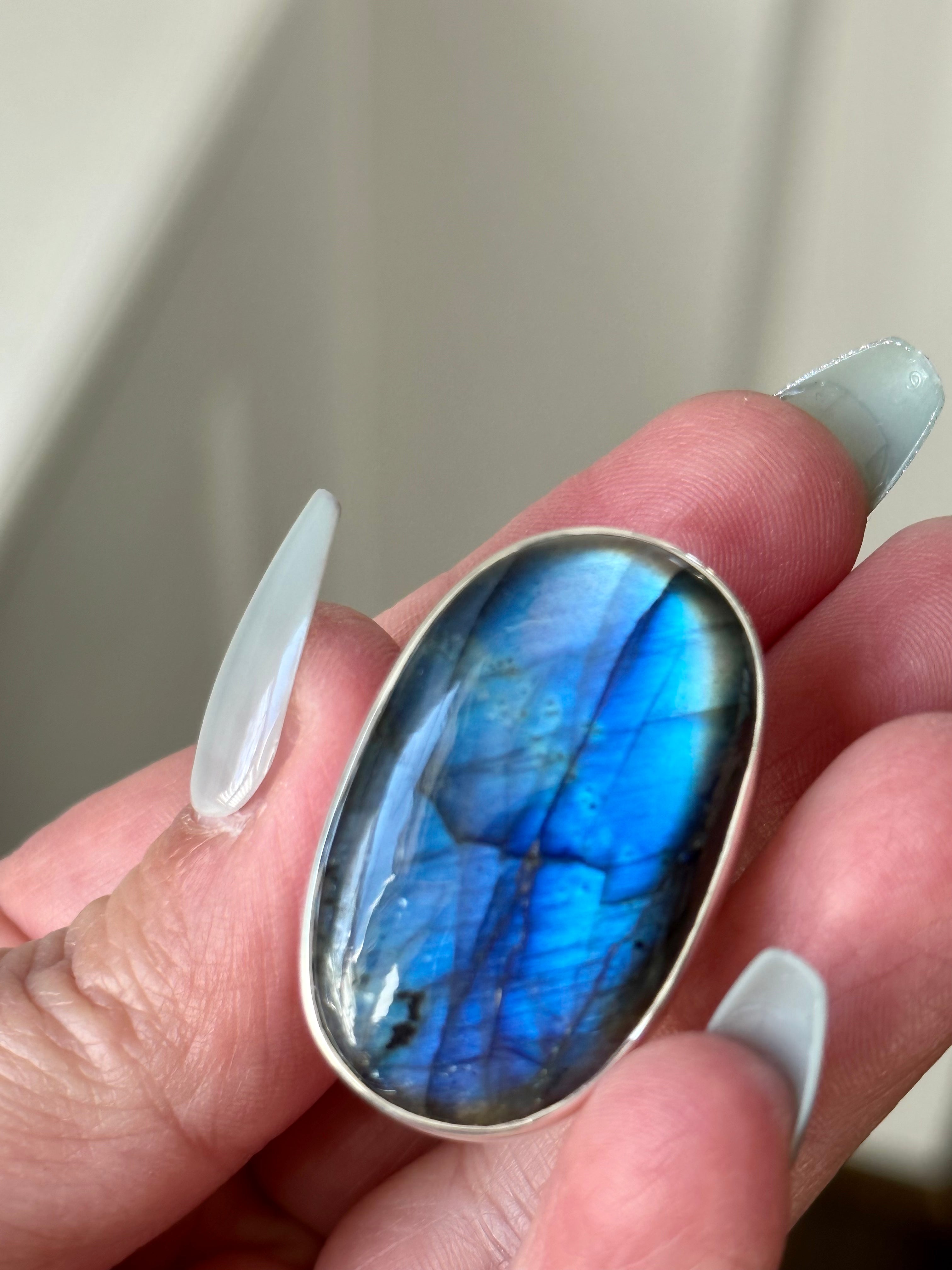 Large oval Blue Labradorite Adjustable Silver Ring