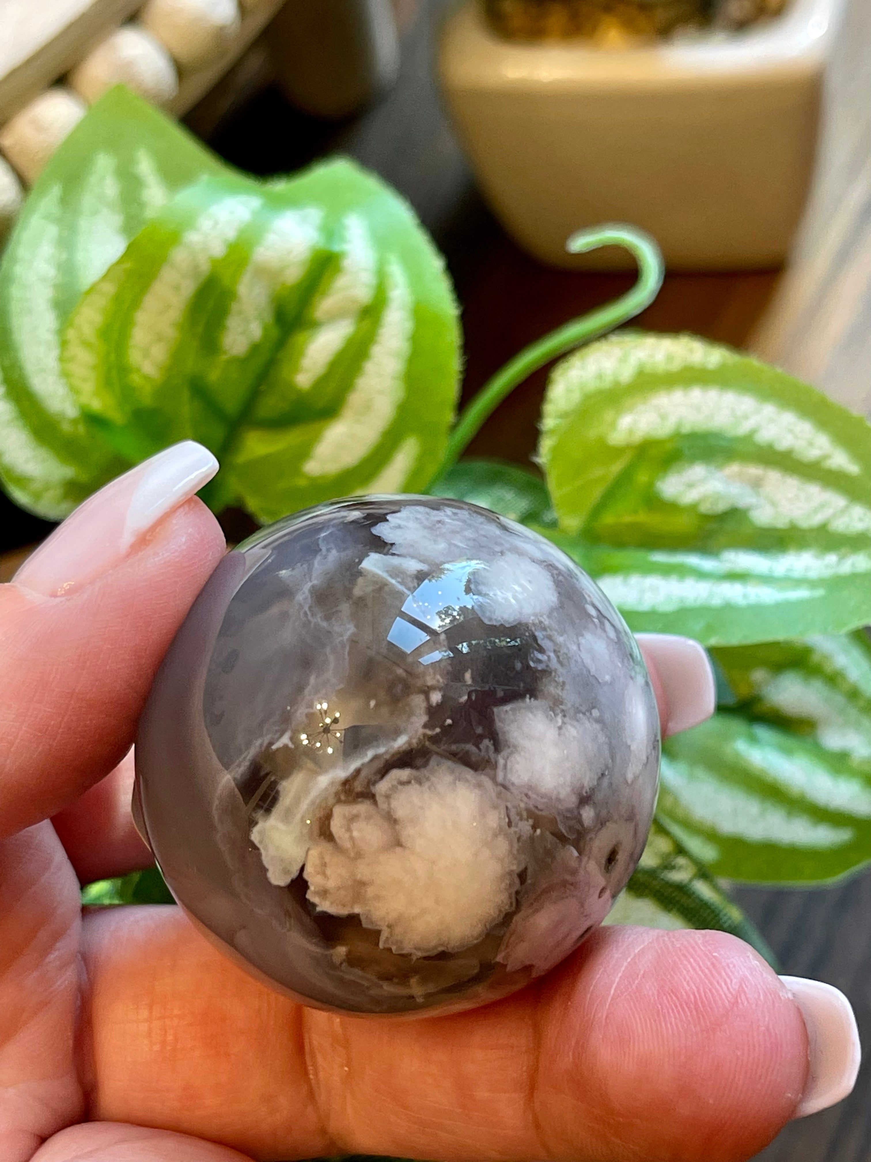 Black Flower Agate Sphere from Madagascar. 38.2mm