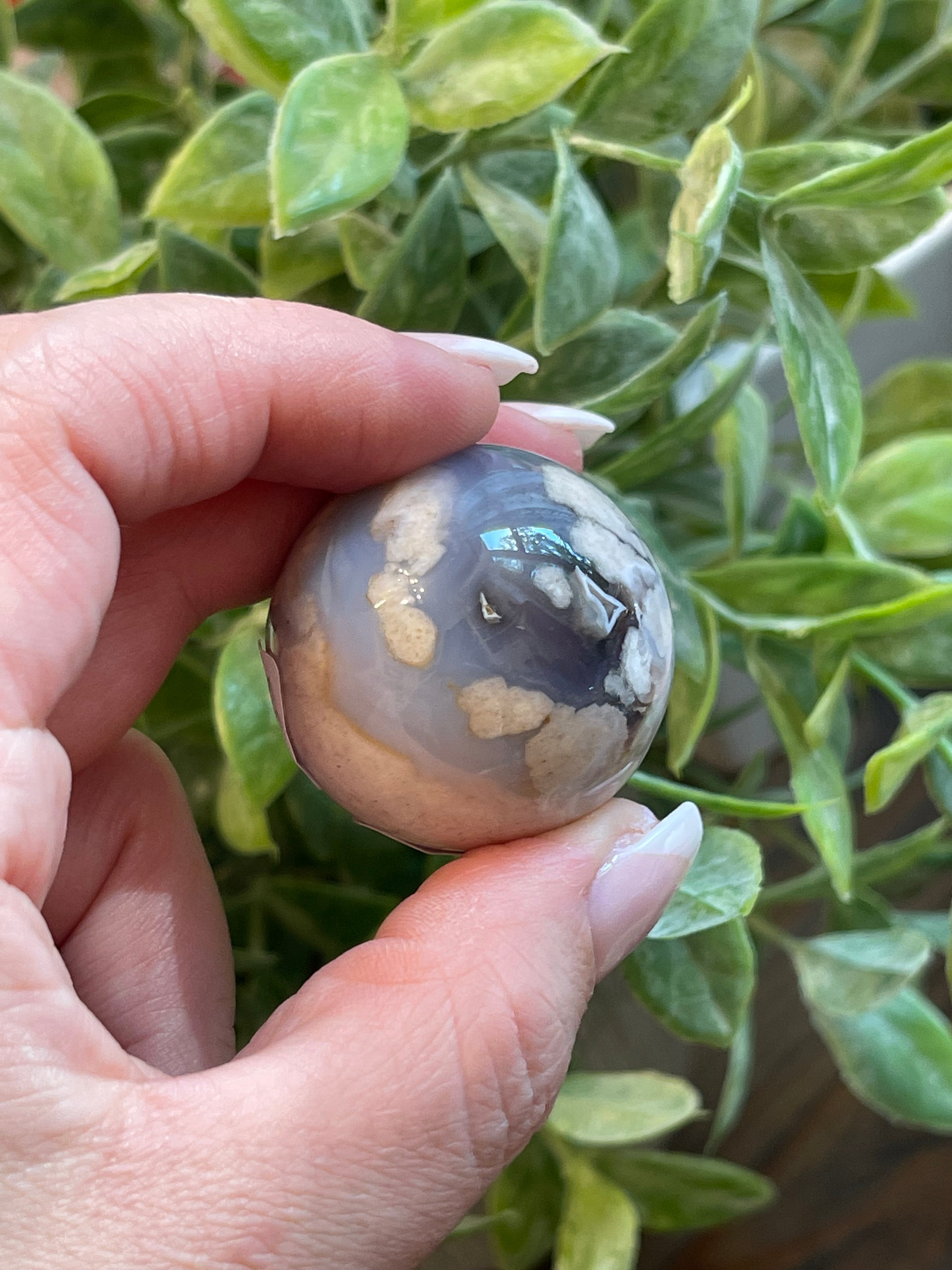 Black Flower Agate Sphere from Madagascar. 34.3mm