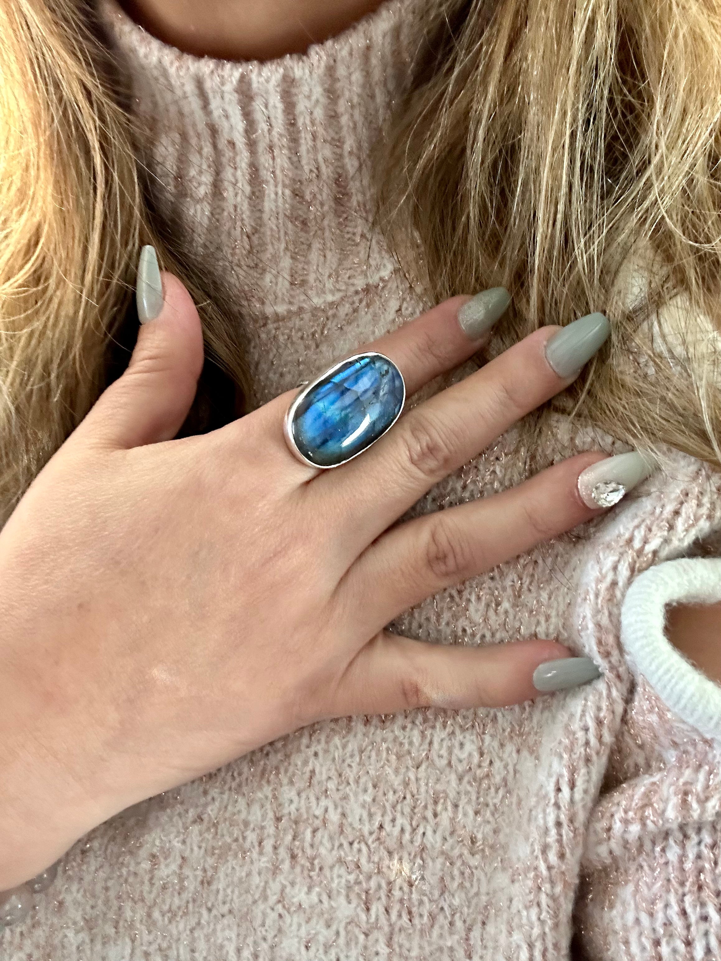 Large oval Blue Labradorite Adjustable Silver Ring