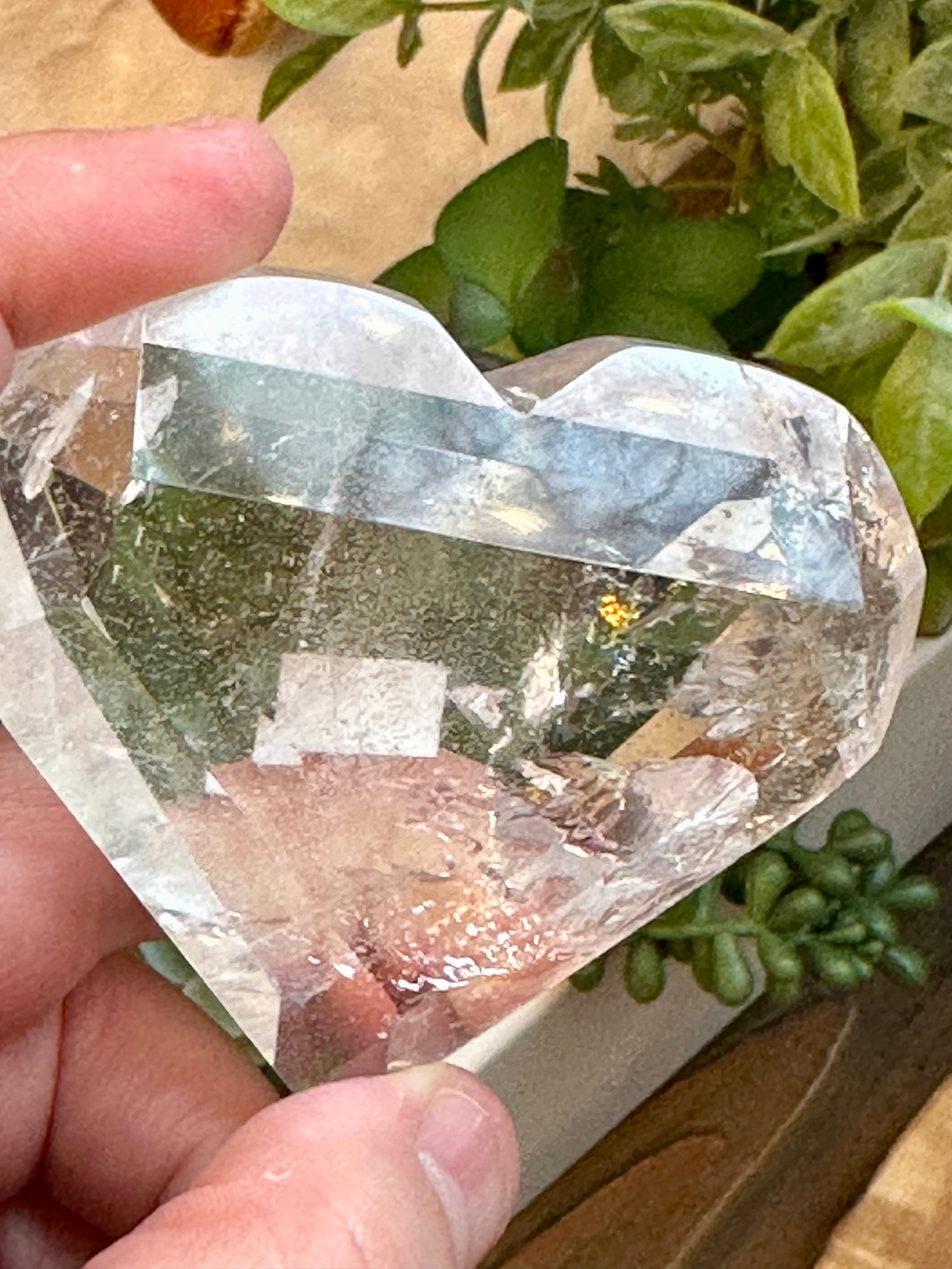 Quartz Polished Hearts with Rainbows from Brazil