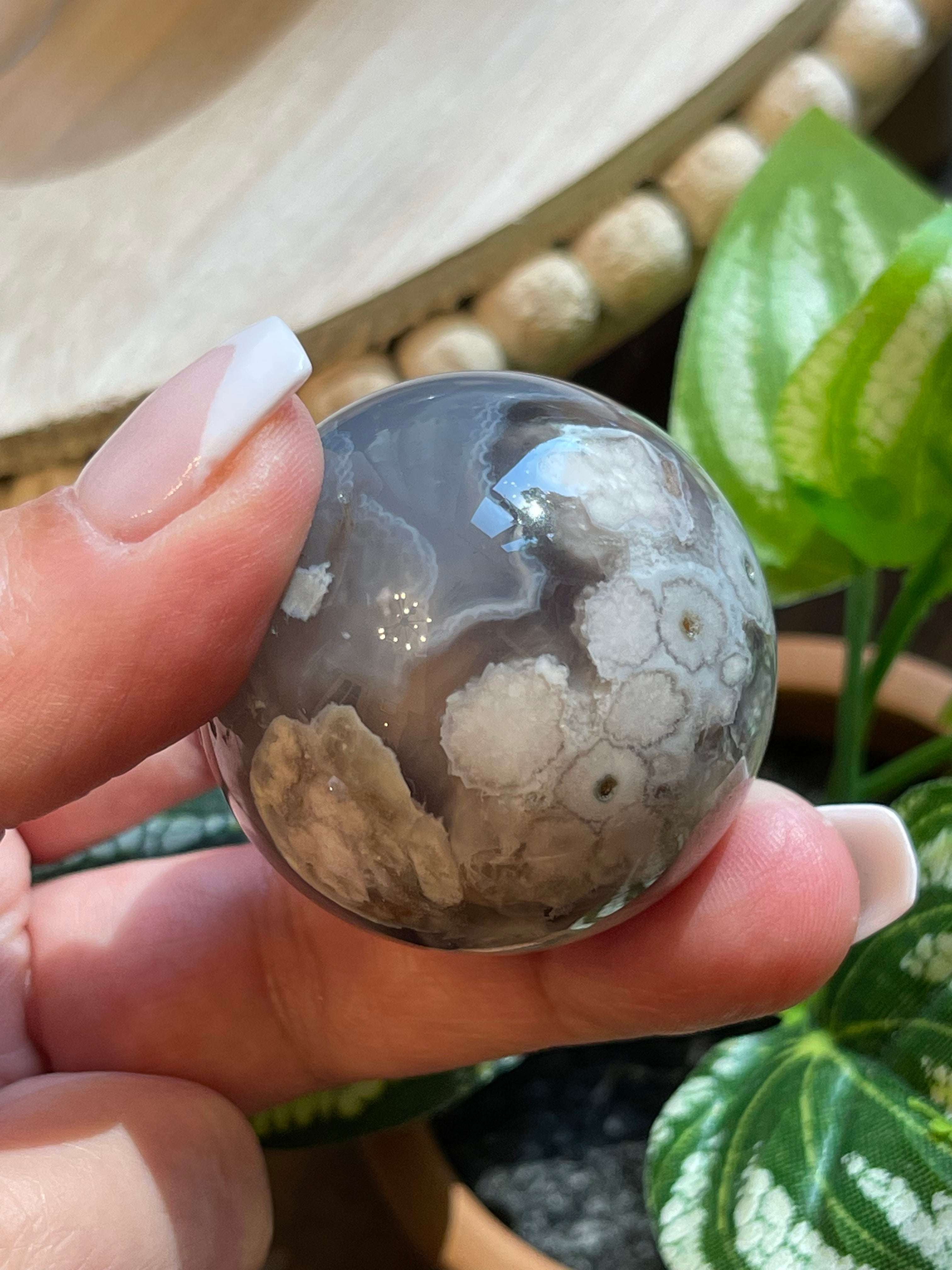 Black Flower Agate Sphere from Madagascar. 38.2mm