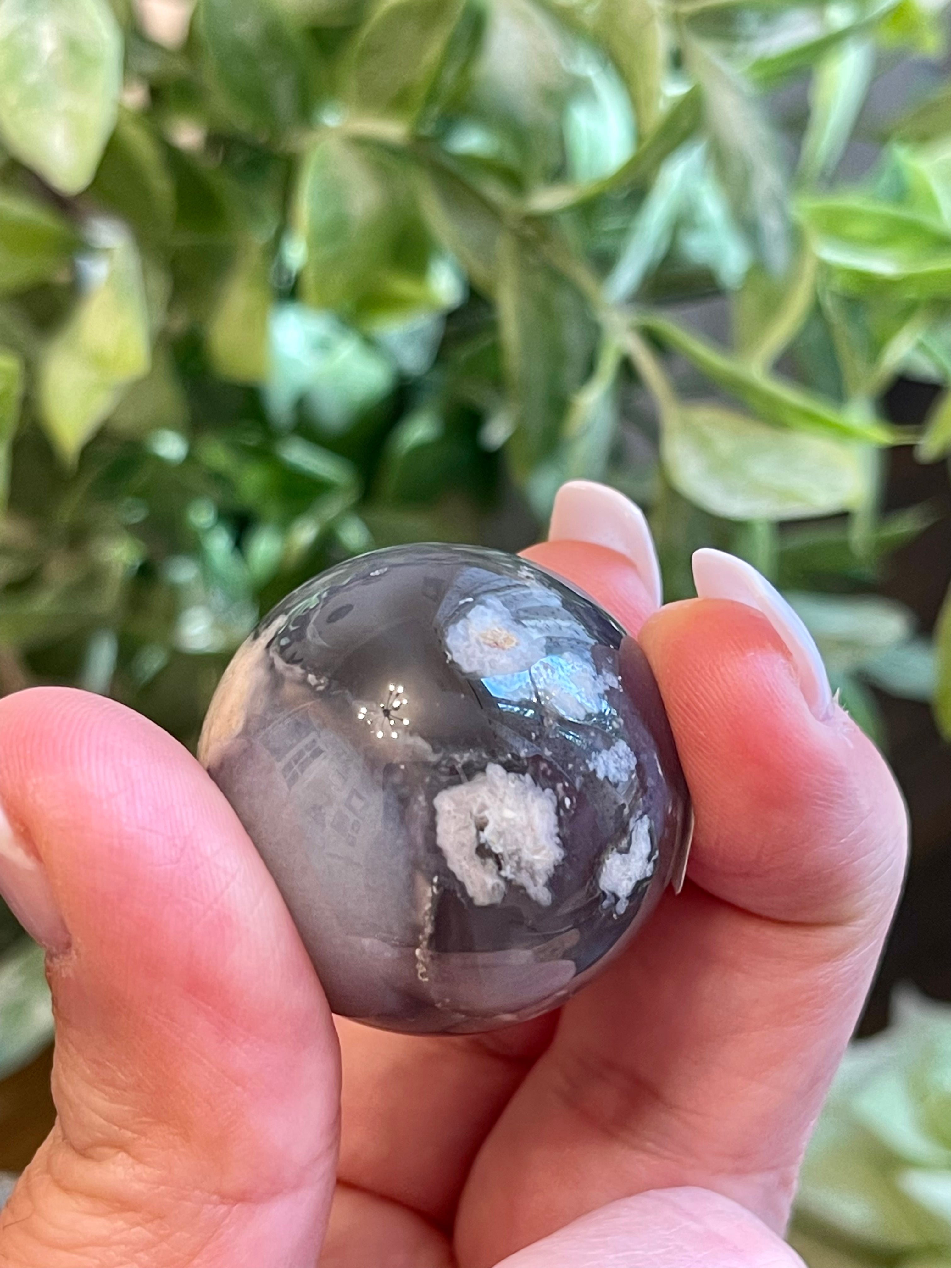 Black Flower Agate Sphere from Madagascar. 30.6mm