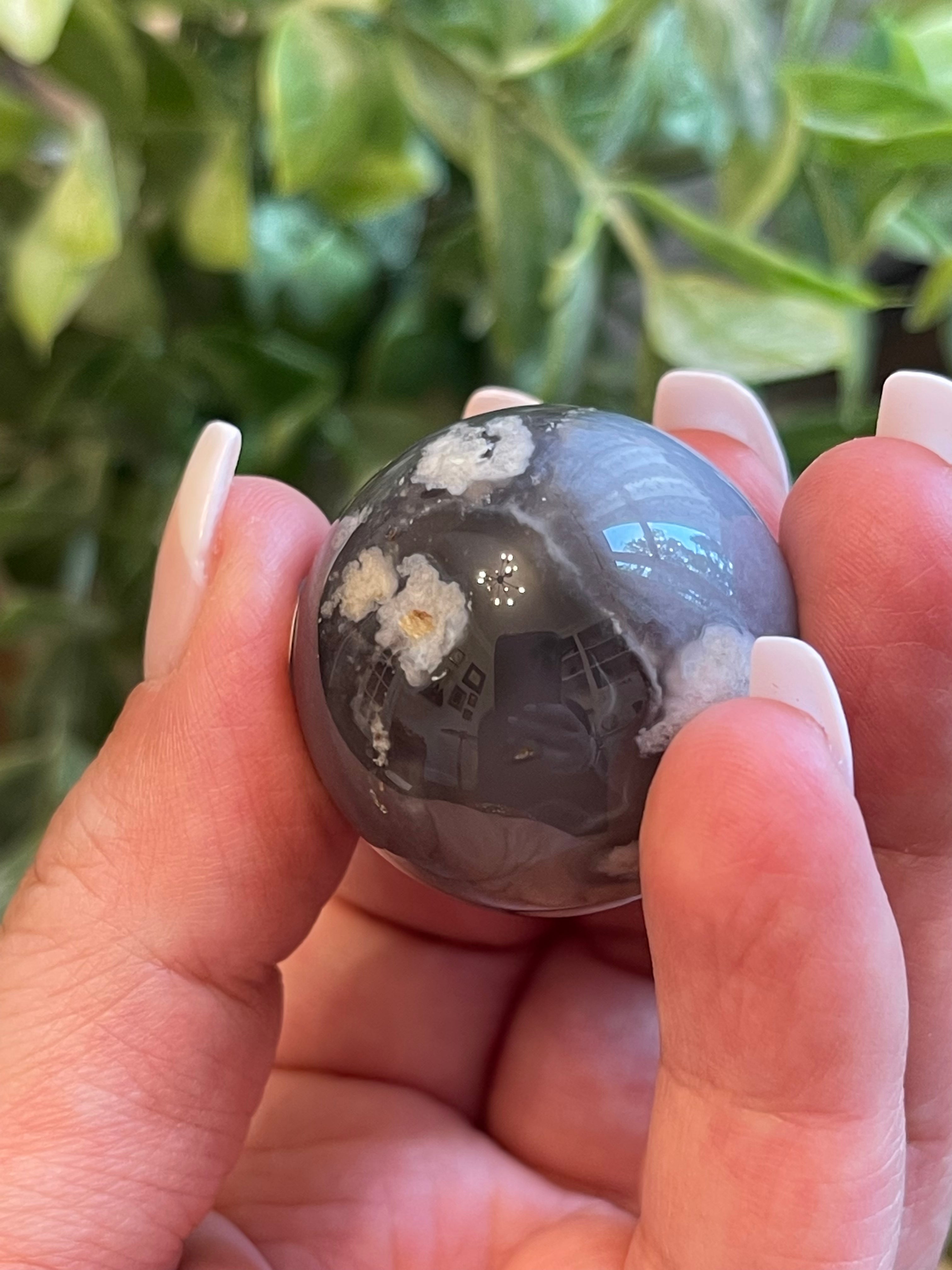 Black Flower Agate Sphere from Madagascar. 30.6mm