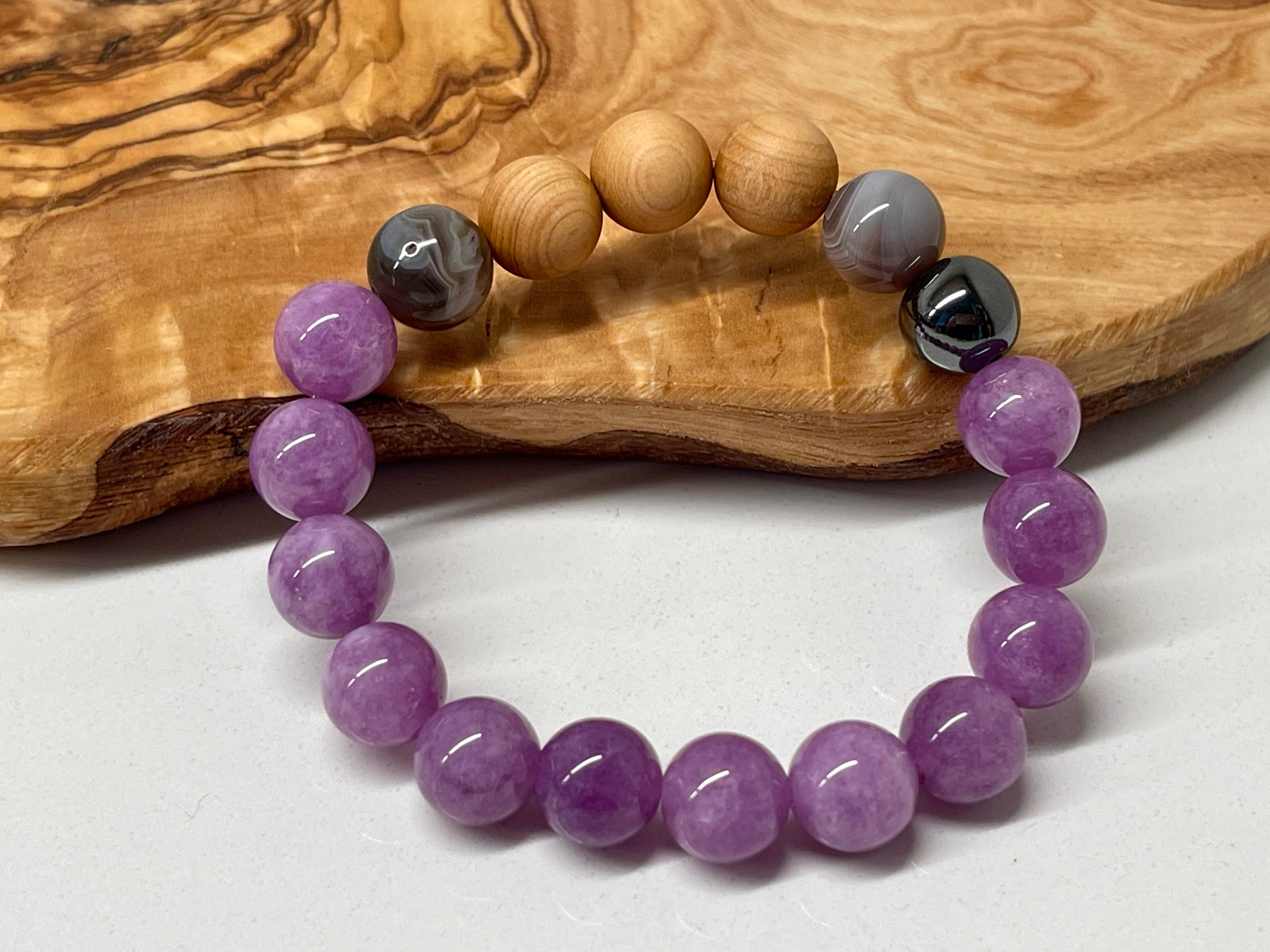 Kunzite, Agate, Hematite and Cypress wood Handmade Natural Gemstone Bracelet with 10mm round beads.