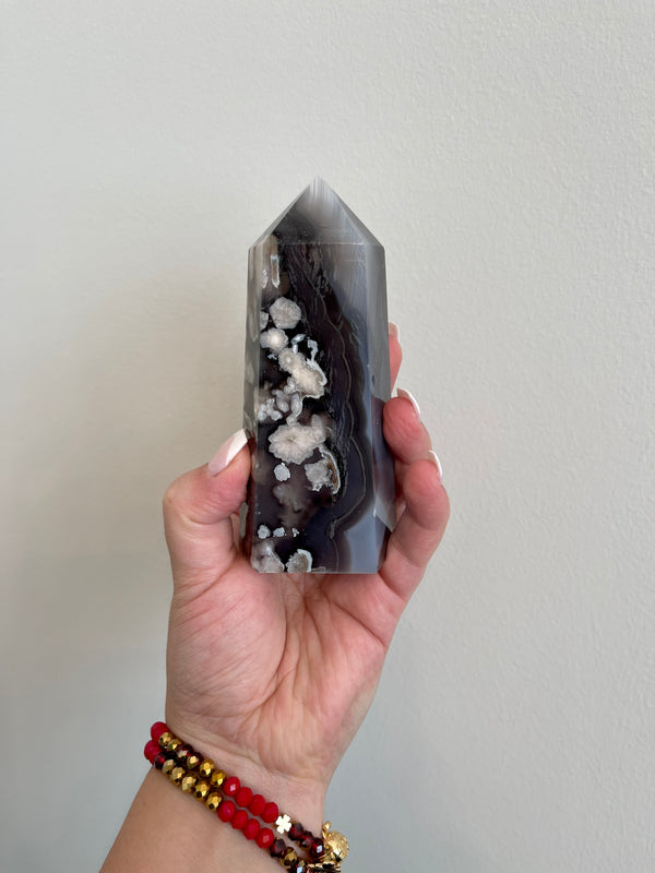 Black Flower Agate tower from Madagascar. Goregous large Flower Agate Tower.