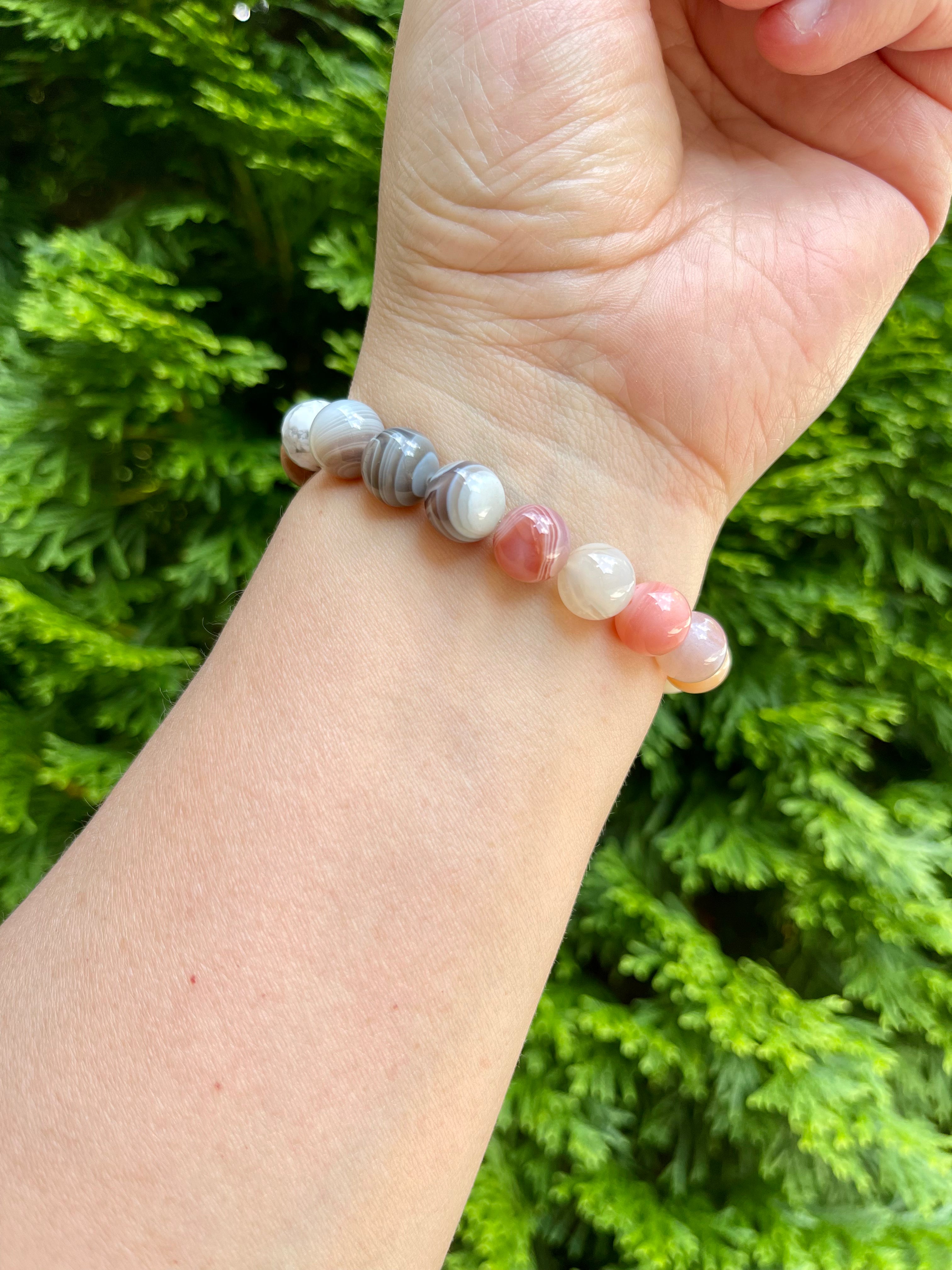 Peach Agate, Hematite, Howlite and Cypress wood Handmade Natural Gemstone Bracelet with 10mm round beads.