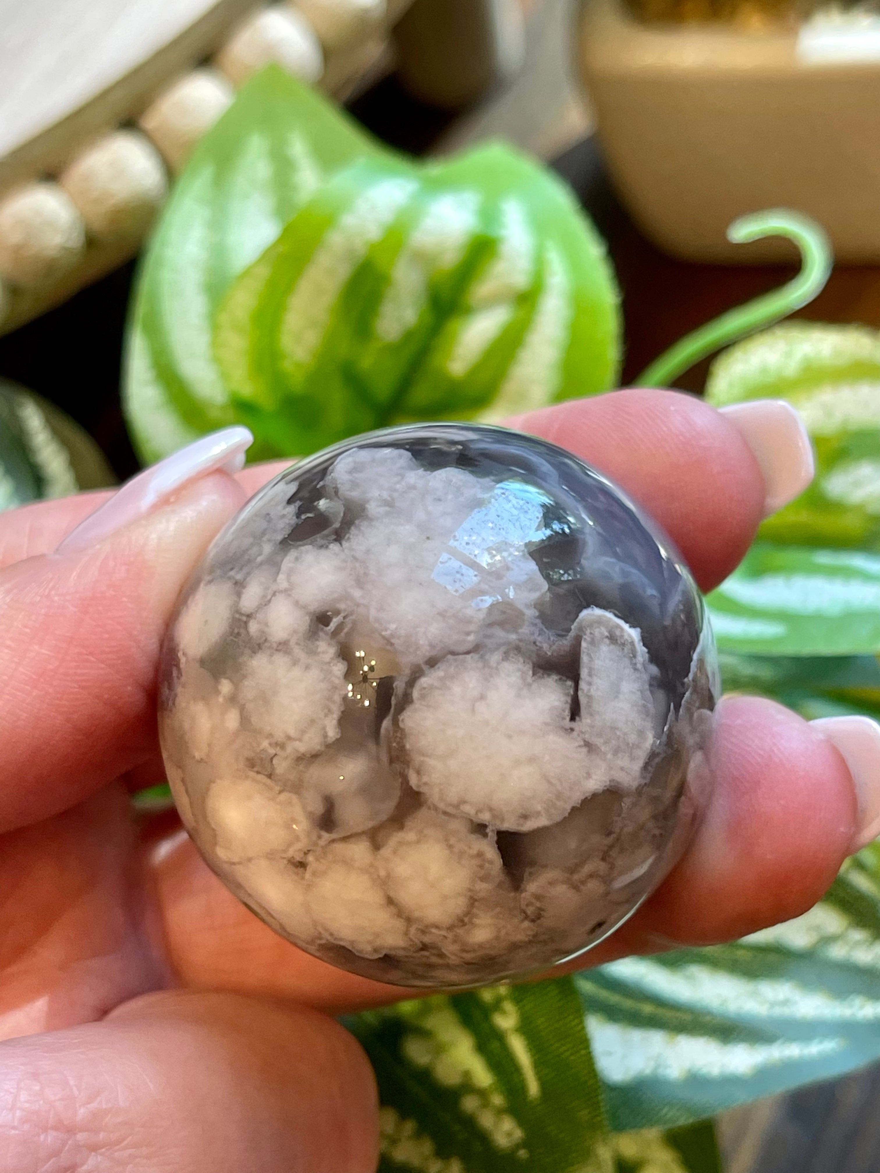 Black Flower Agate Sphere from Madagascar. 38.2mm