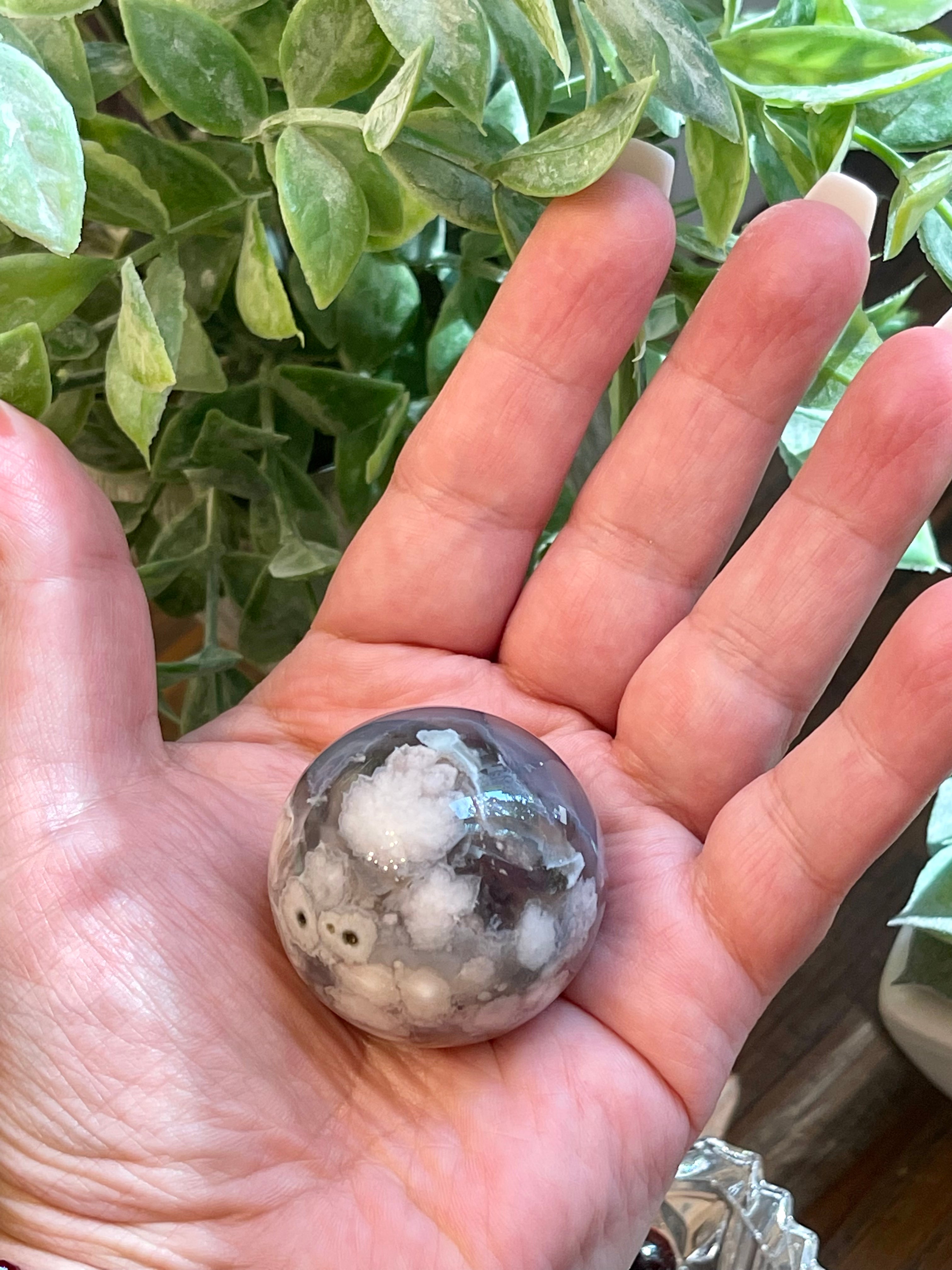 Black Flower Agate Sphere from Madagascar. 38.2mm