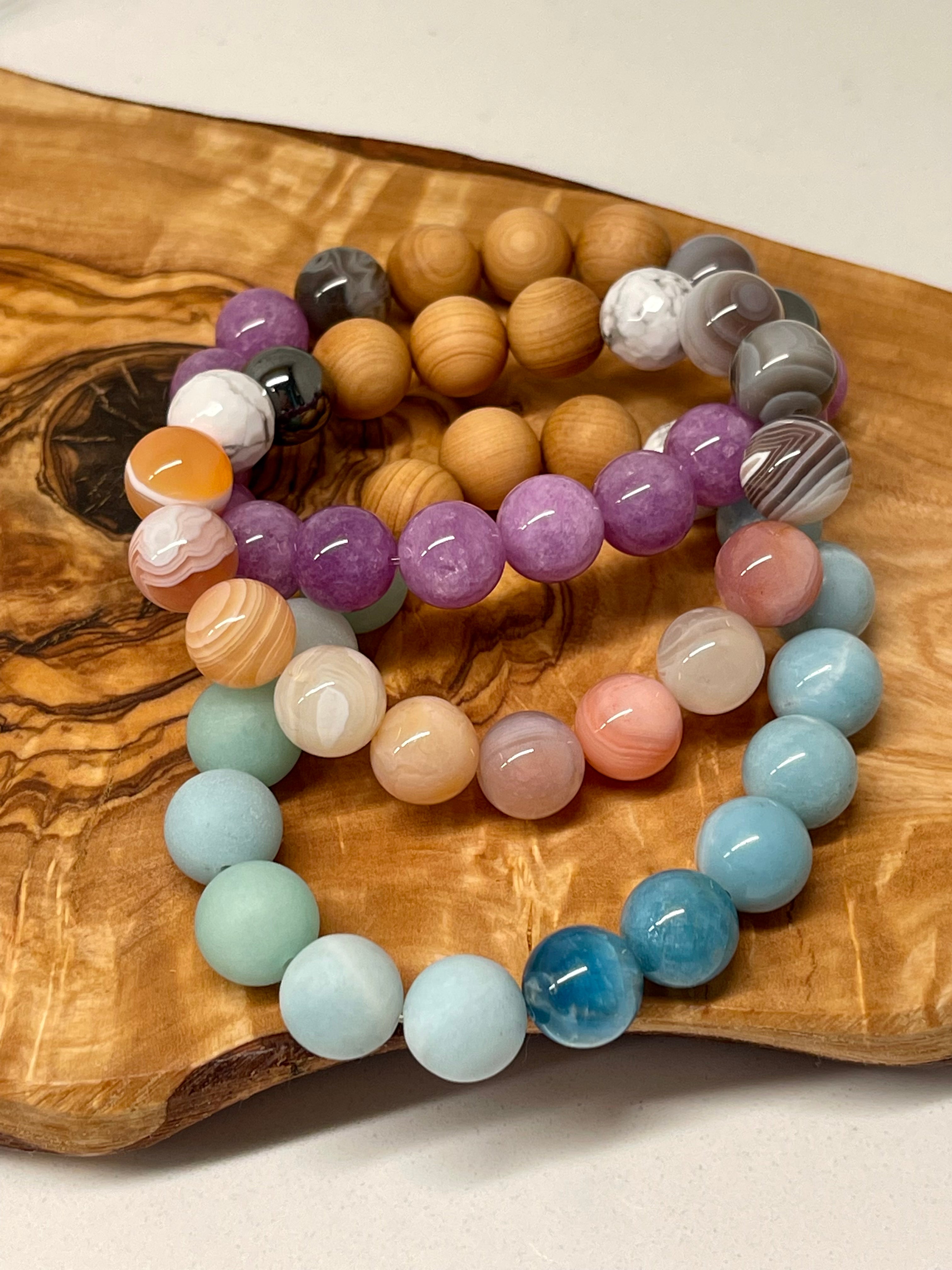 Kunzite, Agate, Hematite and Cypress wood Handmade Natural Gemstone Bracelet with 10mm round beads.