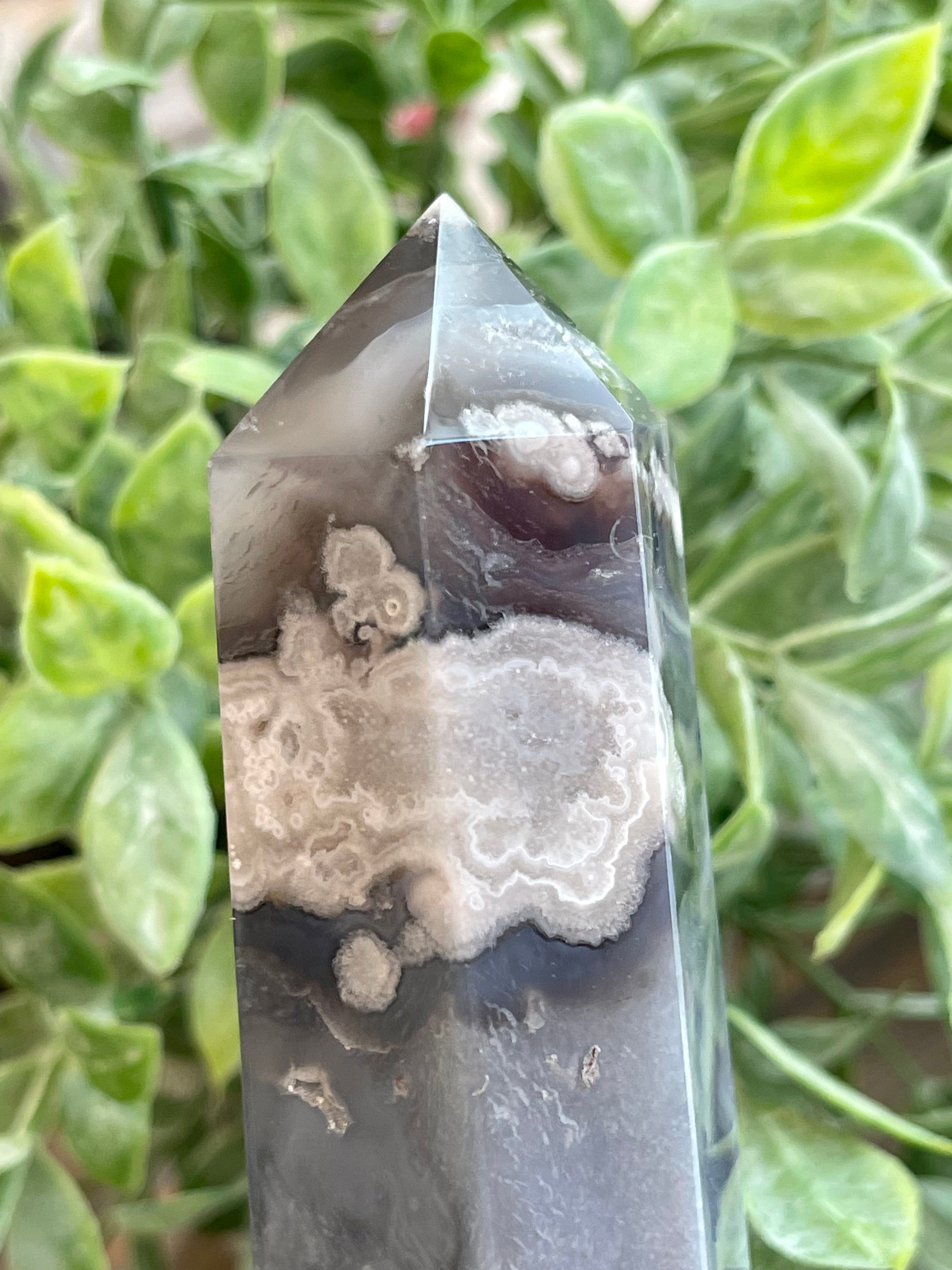 Black Flower Agate tower from Madagascar. Large Flower Agate tower with Druzy.