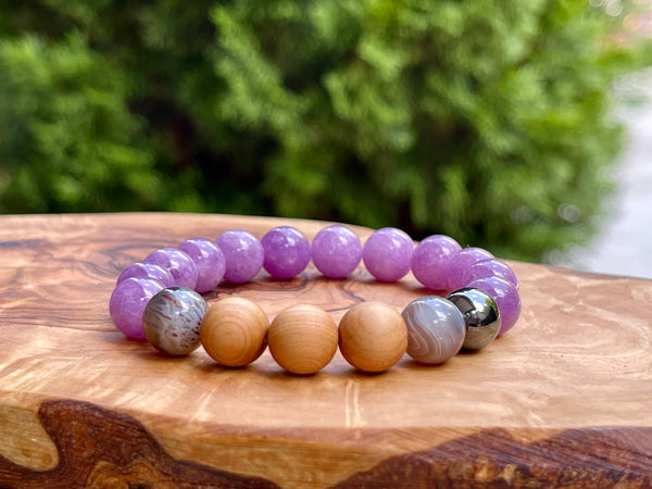 Kunzite, Agate, Hematite and Cypress wood Handmade Natural Gemstone Bracelet with 10mm round beads.