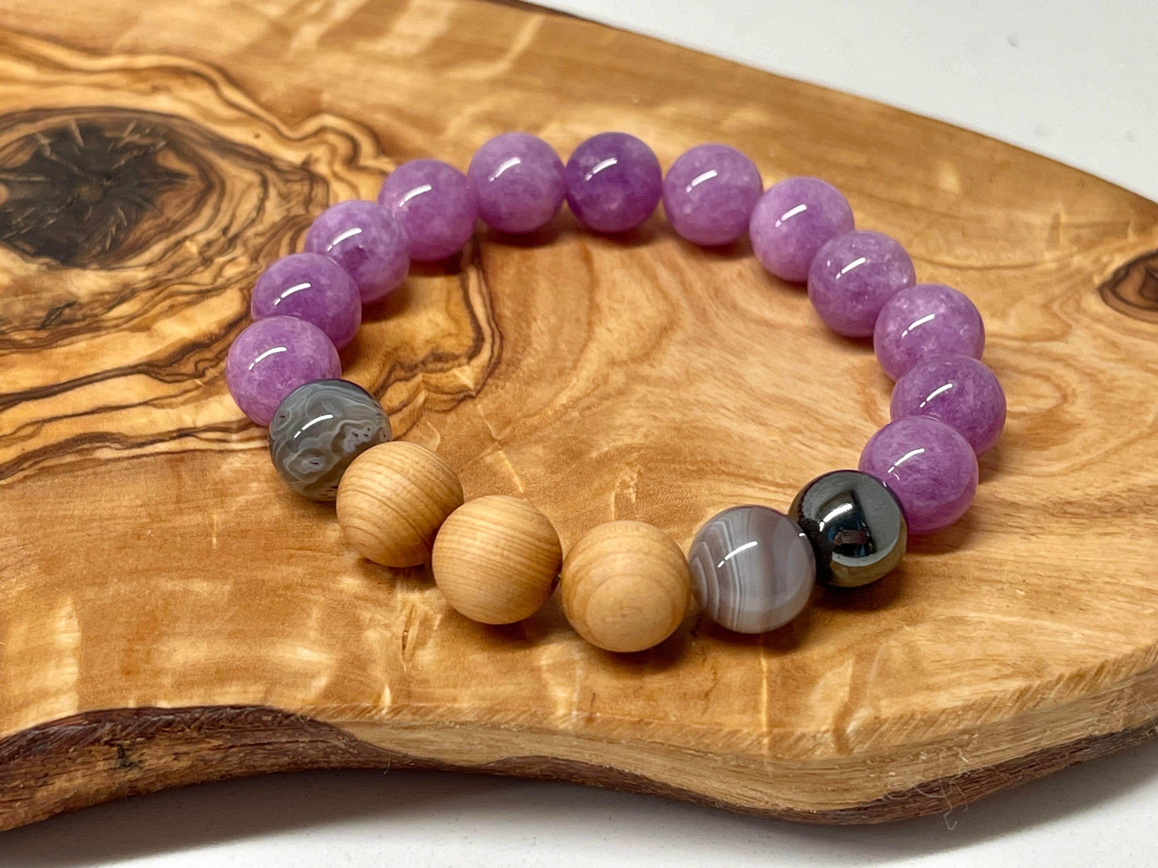 Kunzite, Agate, Hematite and Cypress wood Handmade Natural Gemstone Bracelet with 10mm round beads.