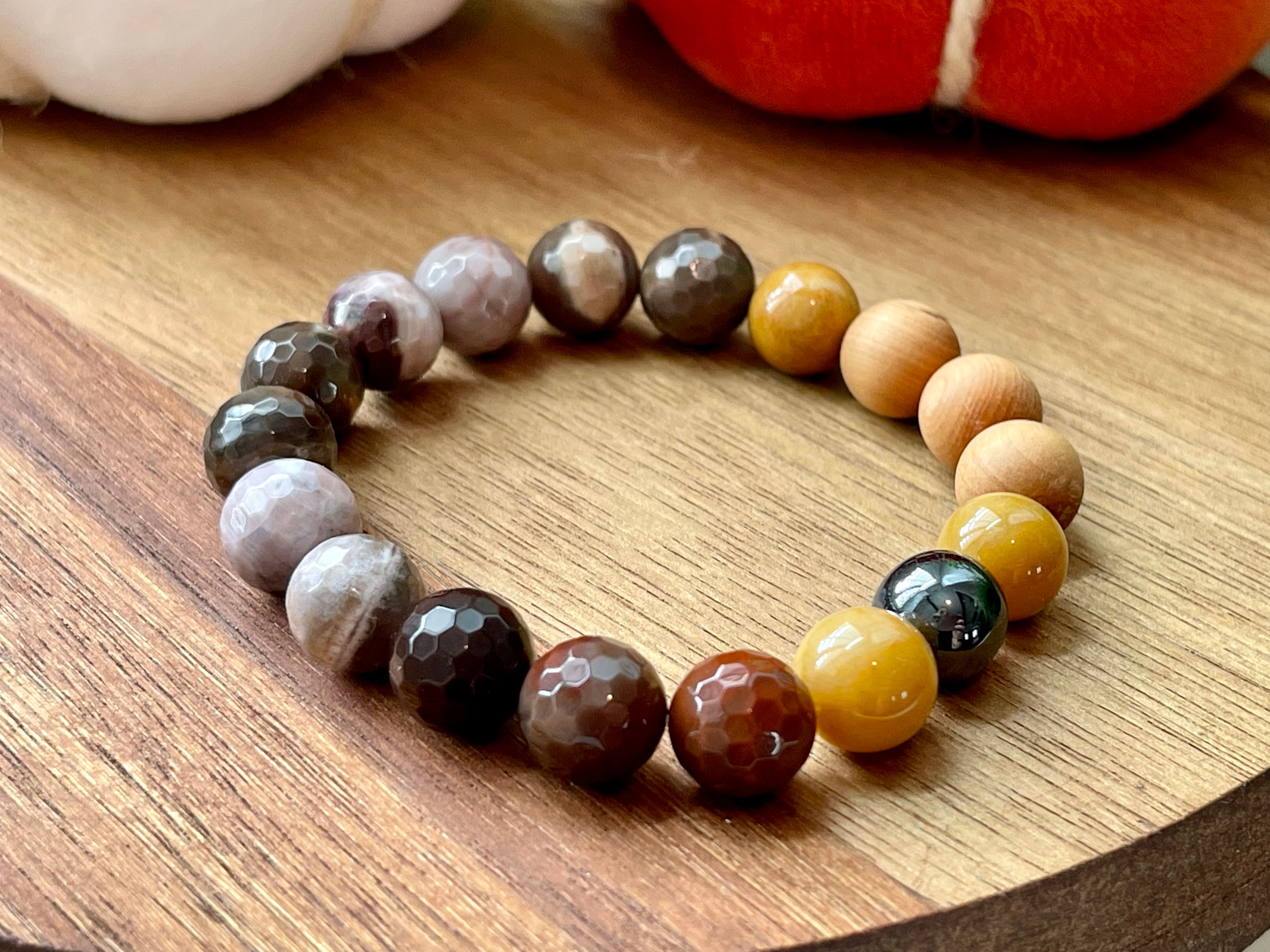 Handmade Petrified wood Jasper bracelet. 10mm Natural crystal beads.