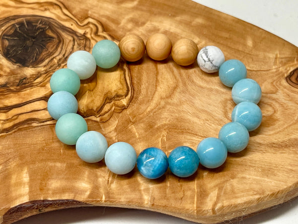 Amazonite, Apatite, Howlite and Cypress wood Handmade Natural Gemstone Bracelet with 10mm round beads.