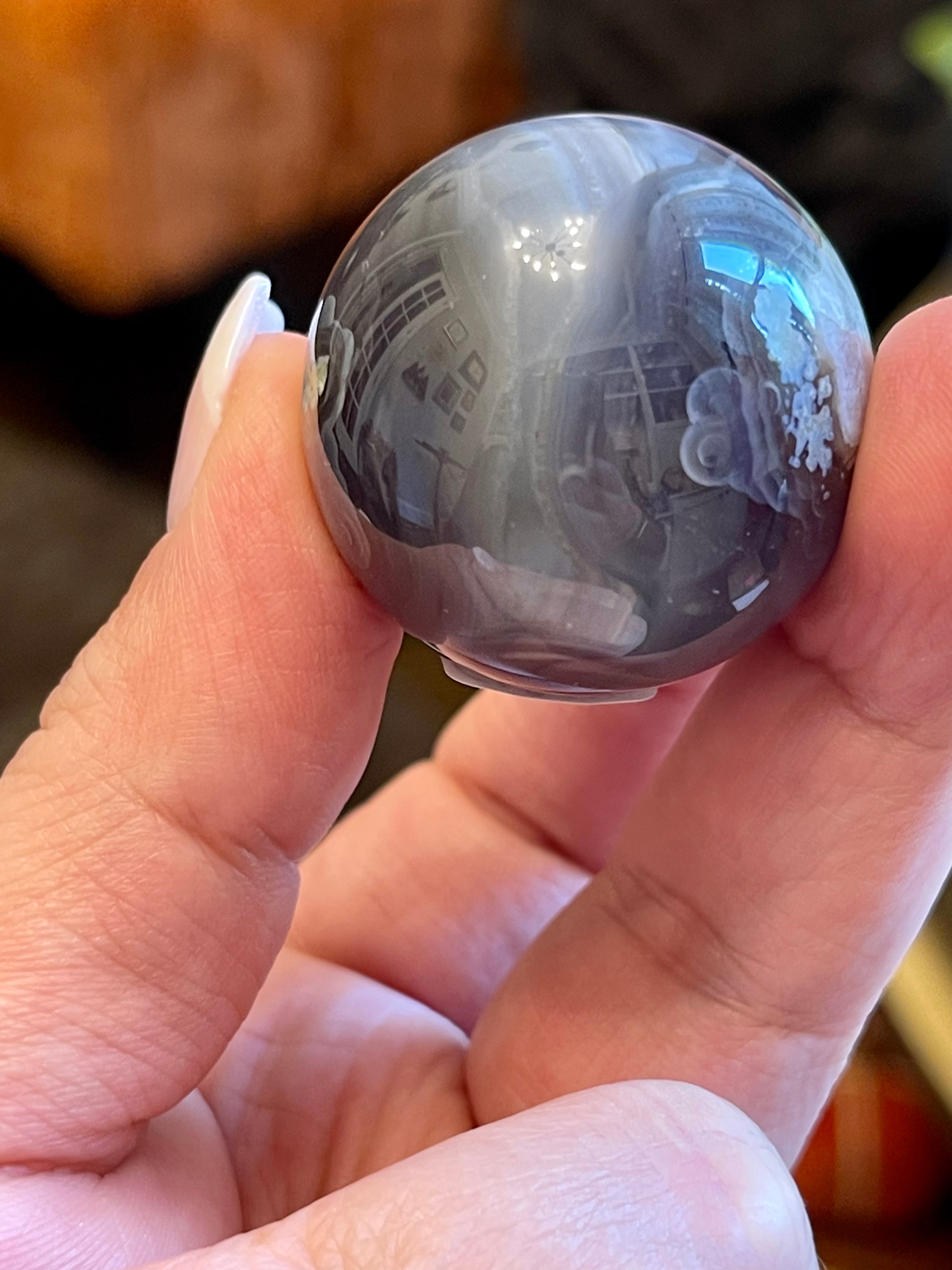 Black Flower Agate Sphere from Madagascar. 32.2mm